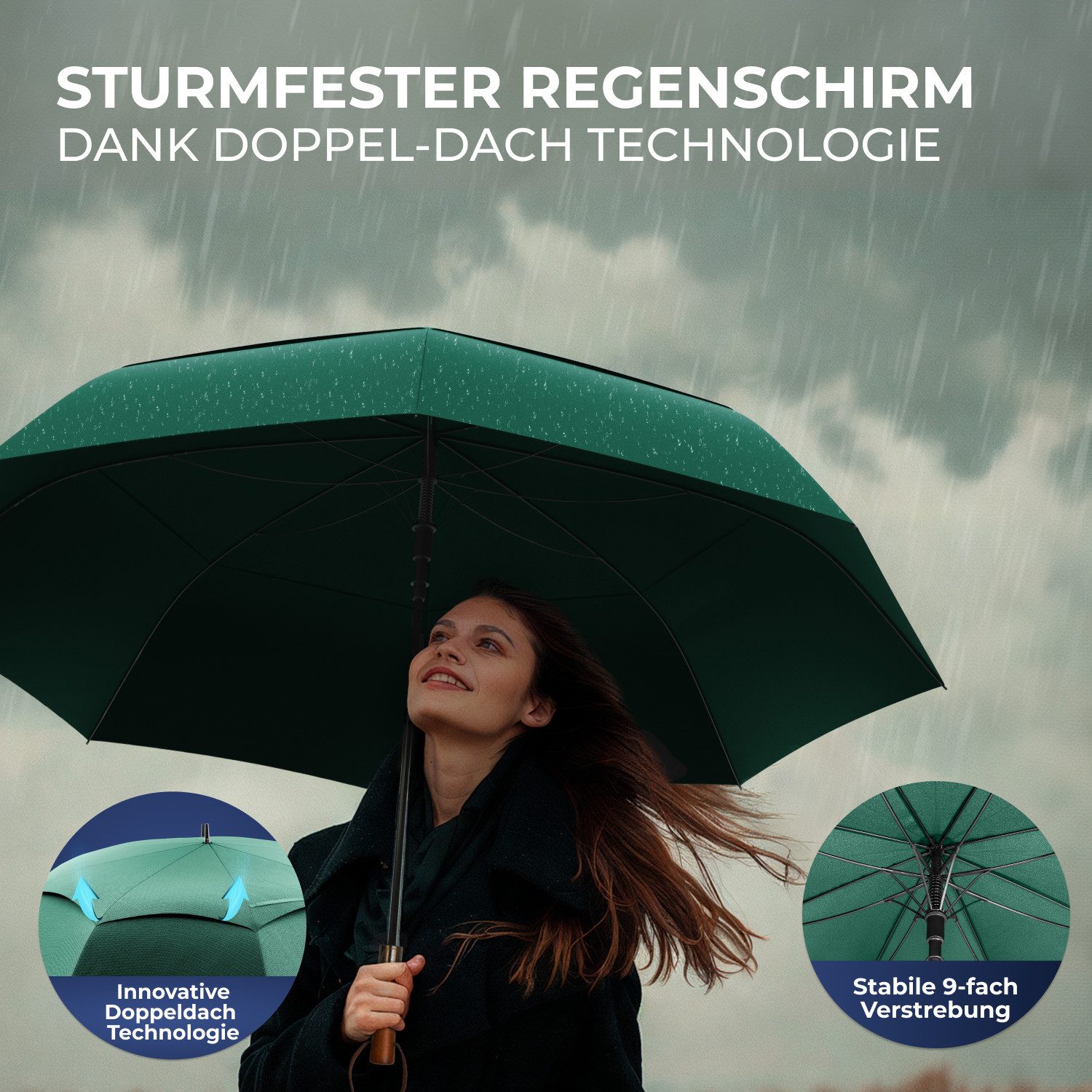 Logan & Barnes Stockregenschirm Chicago, Stockschirm sturmfest [Ø120 cm] mit hochwertigem Echtholzgriff