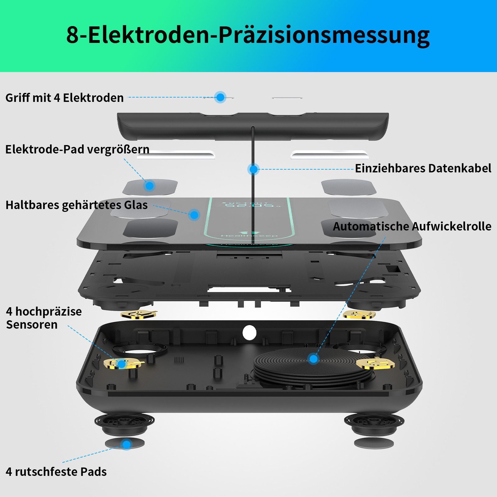 Healthkeep Körper-Analyse-Waage Intelligente Körperwaage mit 8 Elektroden für 21 Körperdaten, Hochpräzise BIA-Messung mit doppelter Frequenz, kompatibel mit App – Bild 4 von 5