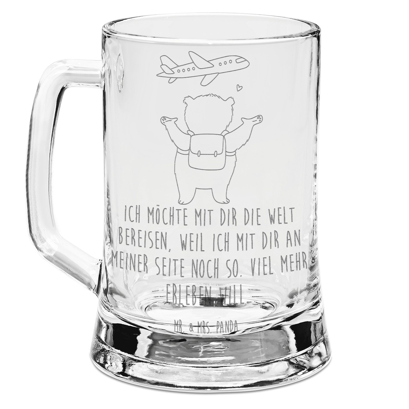 Mr. & Mrs. Panda Bierkrug Bär Flugzeug, Krug, Transparent, Glaskrug, Geschenk für Freundin, Kru, Premium Glas, Krug Bierseidel Mit Gravur Lasergravur Bierkrug