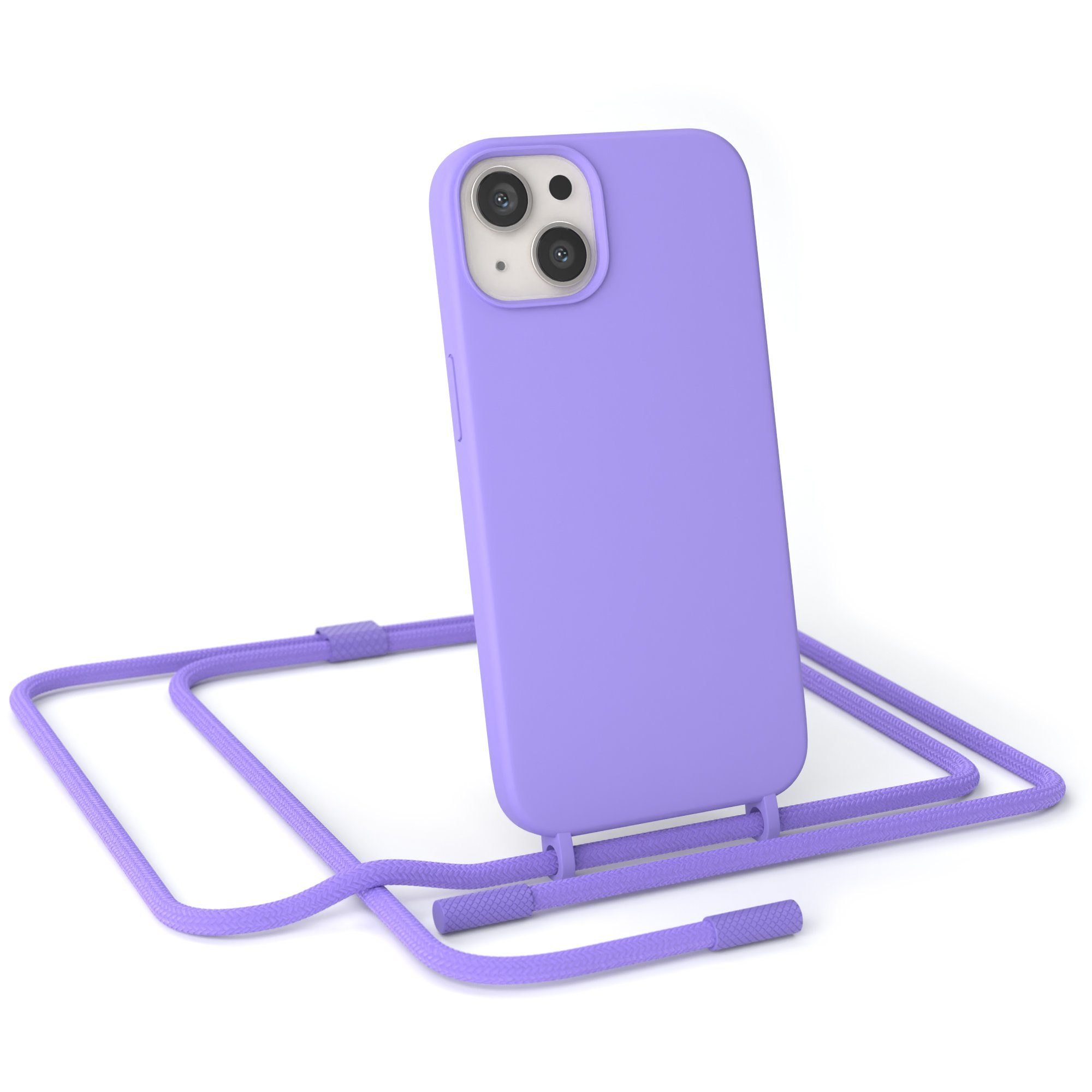 EAZY CASE Handykette Runde Kette für Apple iPhone 13 6,1 Zoll, Ketten Kordel Transparent Case abnehmbare Handyhülle Flieder Lila Gold