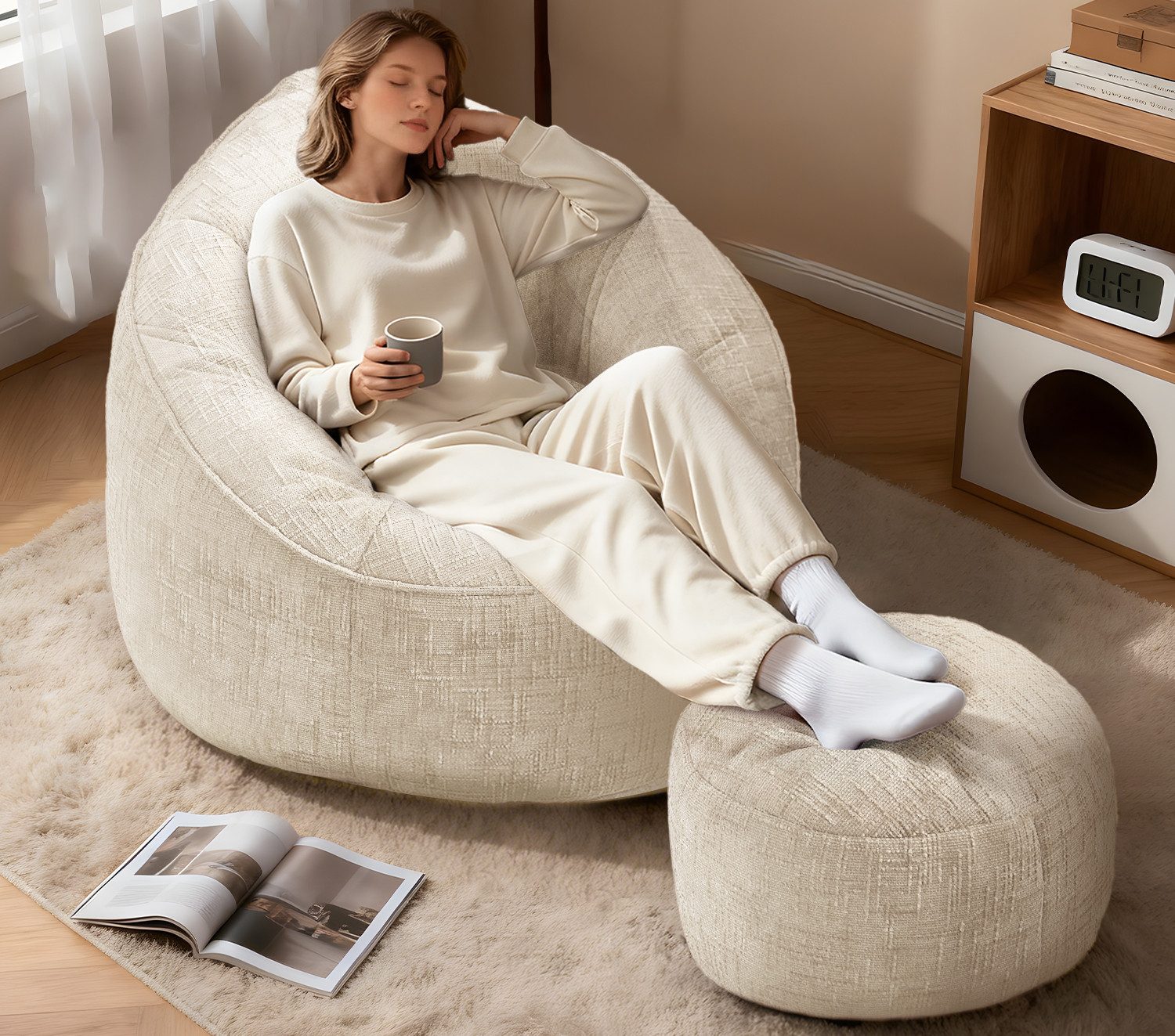 Lexzurn Sitzsack Sitzsack Lazy Sofa Gaming Sitzsack mit Hocker, Sitz Sack mit (Granularer-MemorySchwamm Füllung, Lounge Sessel, Lounge Stuhl, Weich und Formstabil), Couch für Erwachsene und Kinder, für Schlafzimmer, Büro und Wohnzimmer