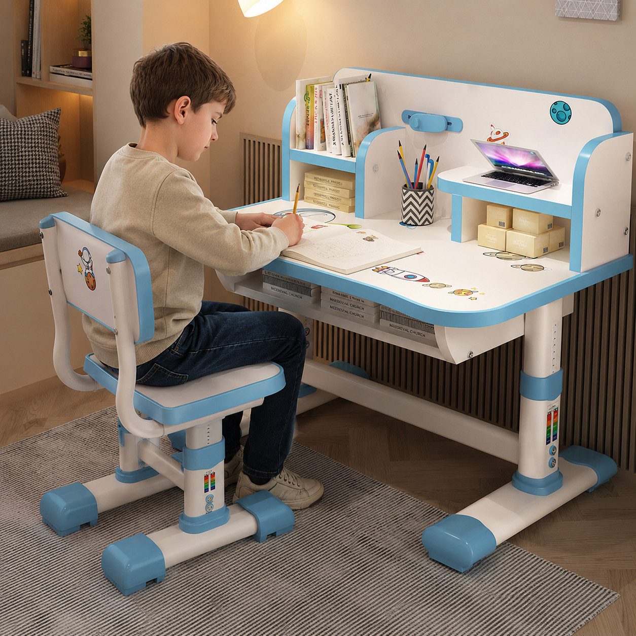 Rutaqian Kinderschreibtisch Kinderschreibtisch mit Stuhl höhenverstellbar, ergonomisches Lernset, Mit Schublade, Bücherfach und verstellbarer Rückenlehne