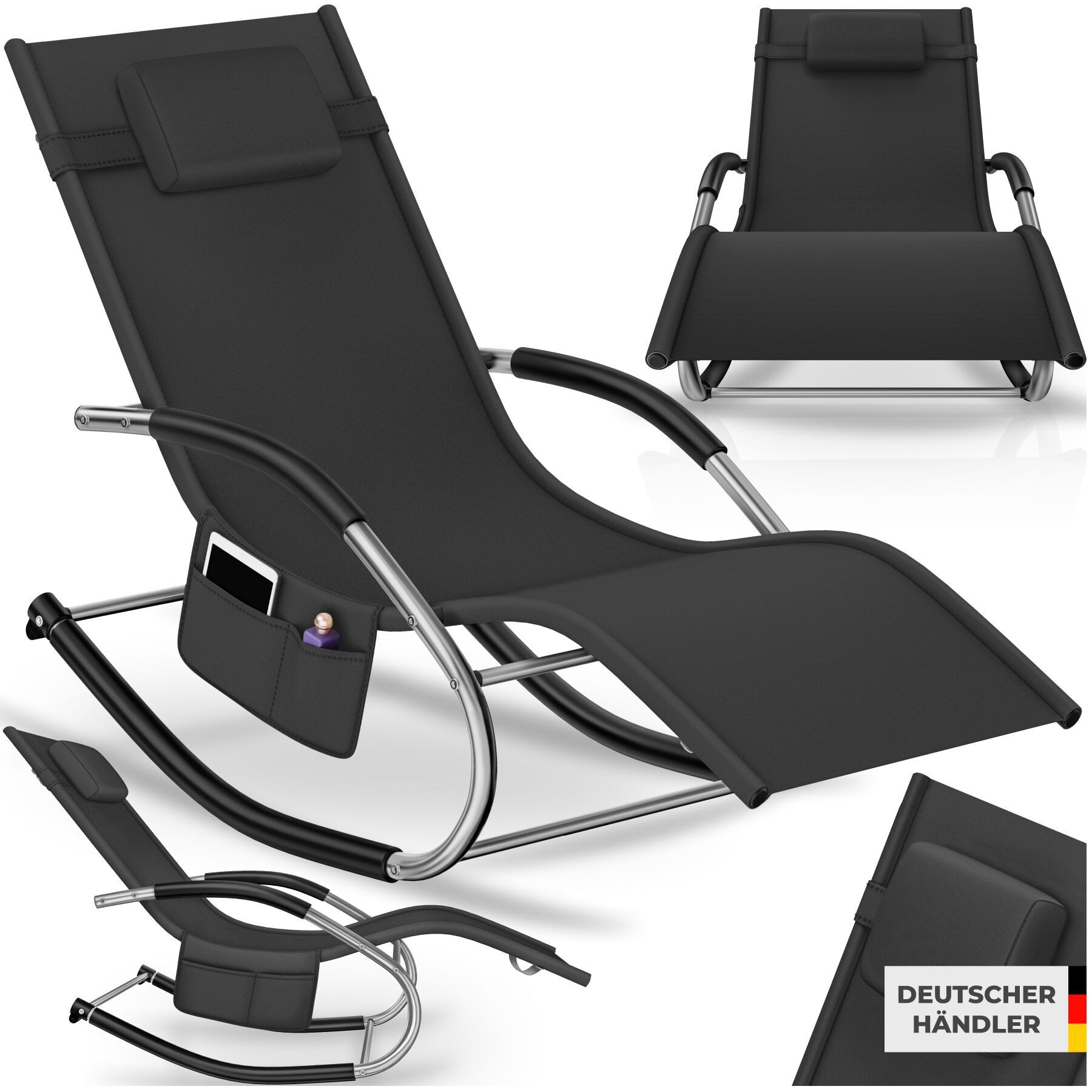 tectake Gartenliege ergonomische Sonnenliege, Belastbarkeit 120 kg, 62 x 146 x 92 cm, Balkonliege Taya, 1 St., für Außen in Schwarz, gepolstert, atmungsaktiv, wasserabweisend, mit Aufbewahrungstasche