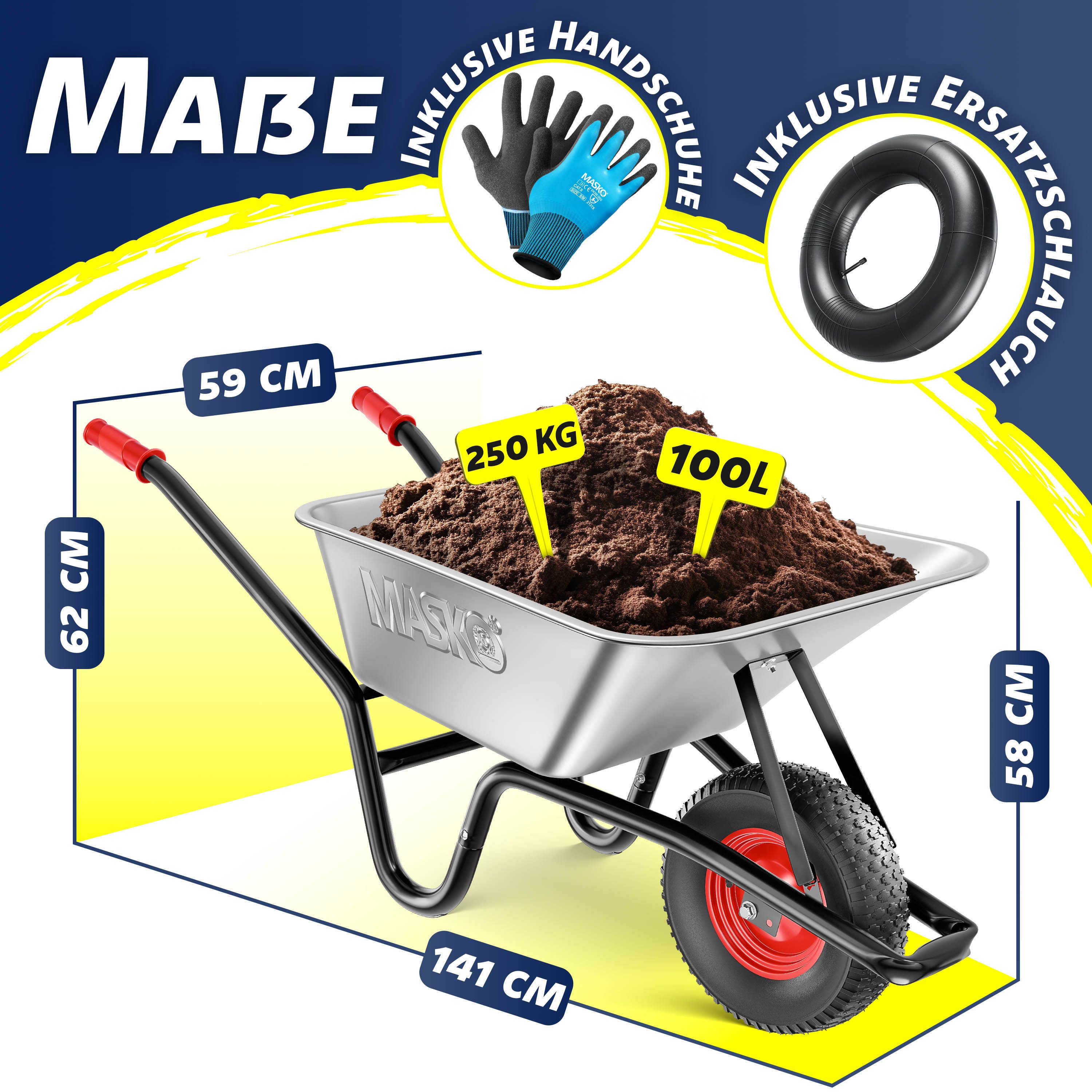 MASKO Schubkarre Bau- und Gartenschubkarre 100 Liter, mit Luftreifen und Stahlfelgen sowie einen Ersatzschlauch