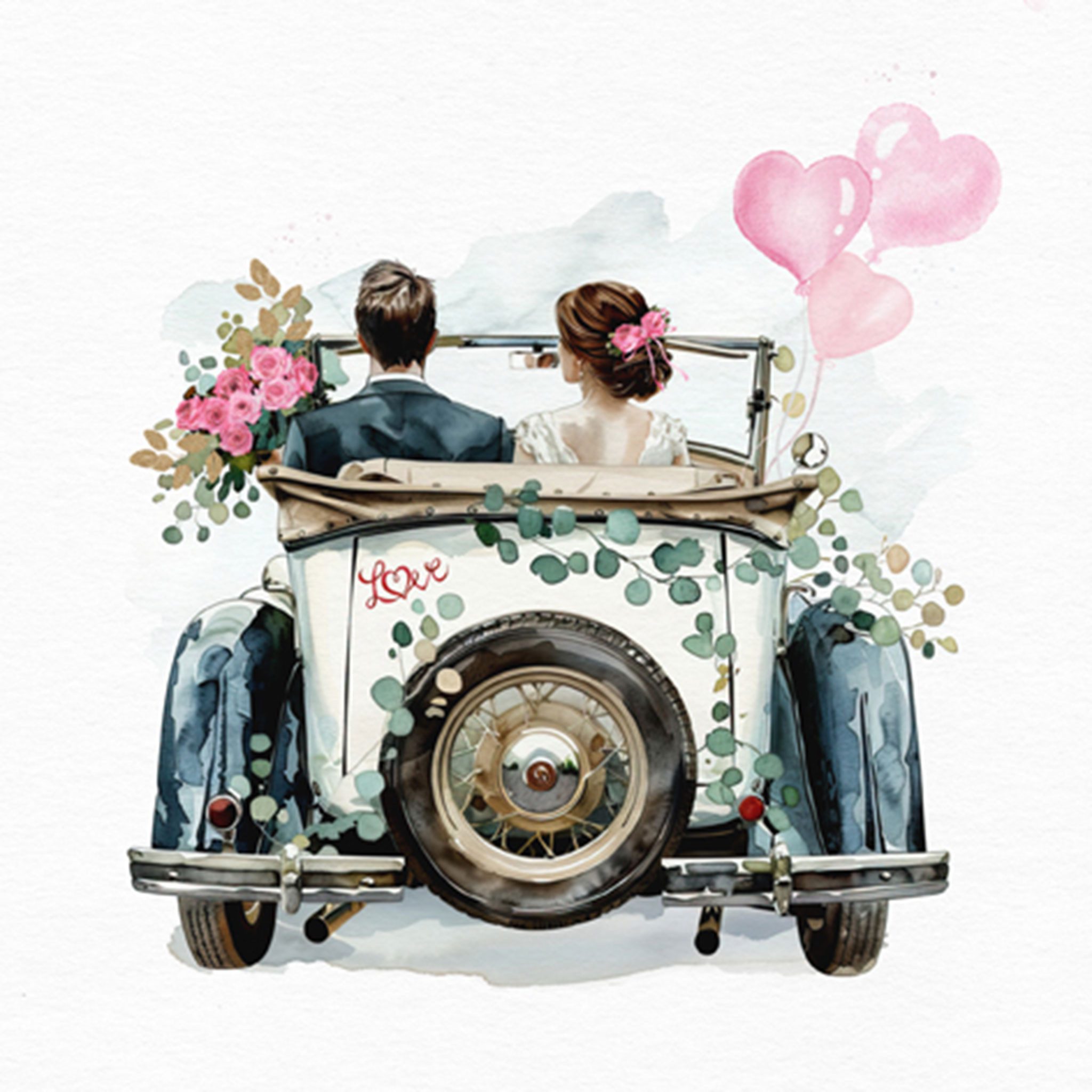 ti-flair Papierserviette, Servietten Papier 33x33cm 3-lagig Just Married Auto Motiv 20 Stück