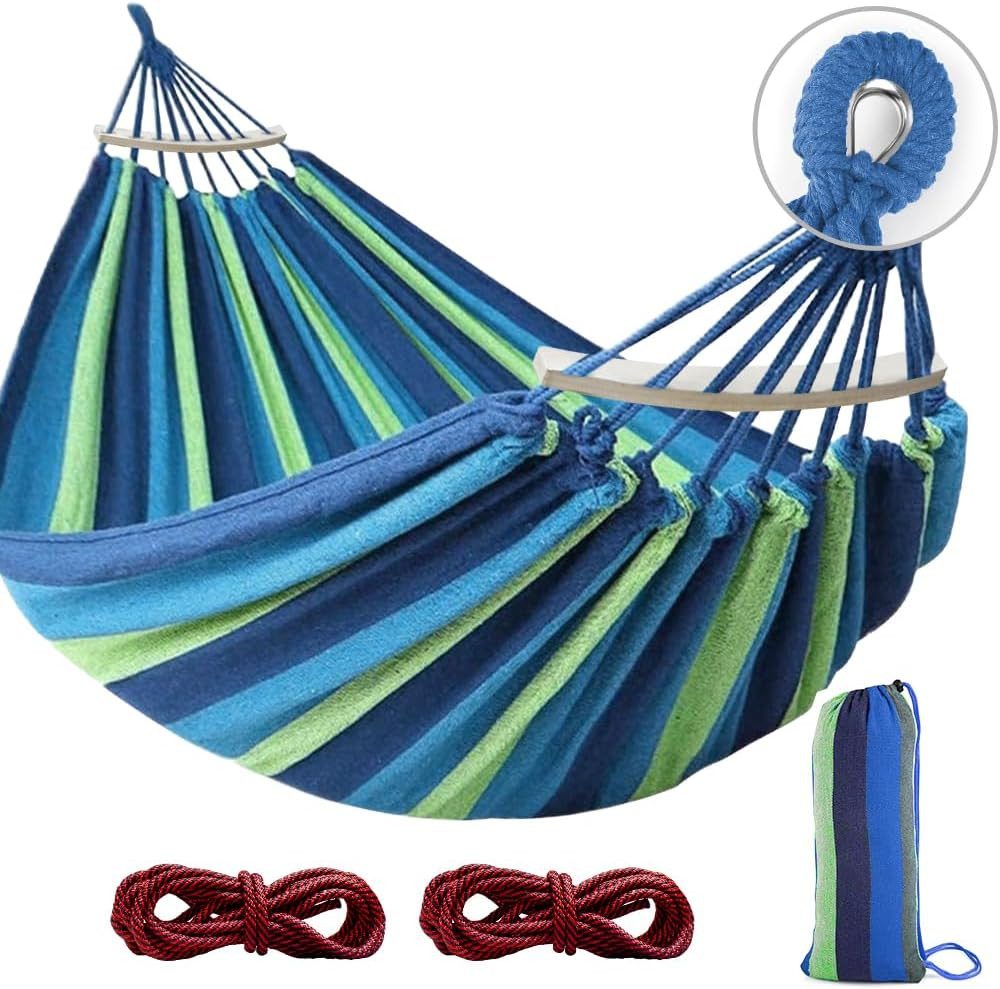 BlingBin Hängematte Outdoor Hängematte mit Gebogener Holzstange, Camping Stabhängematte (1er Set, 1 St., Höchstgewichtempfehlung: 500 Pfund), Doppelhängematte mit Tragetasch für Indoor, Balkon, Terrasse, Garten