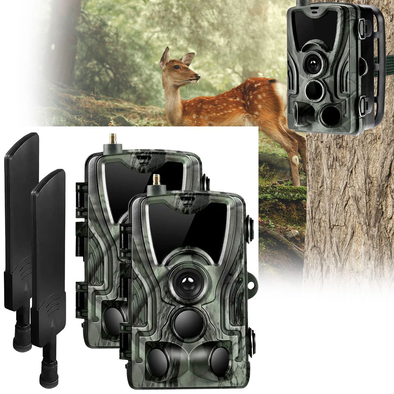 Denver Wildkamera 4G Wildkamera 2K, Live-App via SIM, PIR, Nachtsicht, IP65 Outdoor (2-tlg., 1er-Set & 2er-Set, 4G 2K Wildkamera mit Tuya App, PIR-Sensor & 120° Weitwinkel IP65)