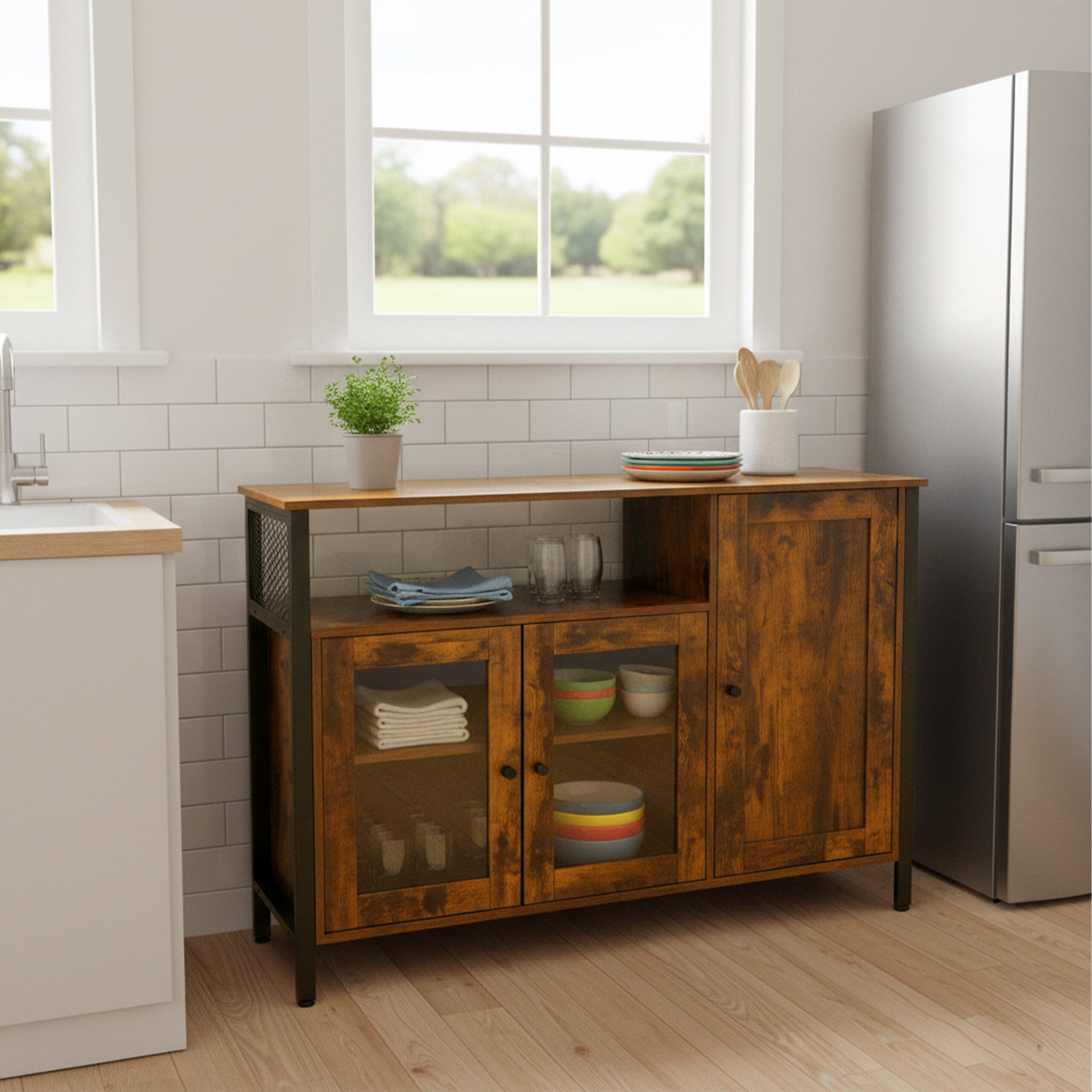 relaxdays Küchenbuffet Küchenschrank mit Glastüren Industrial-Schwarz