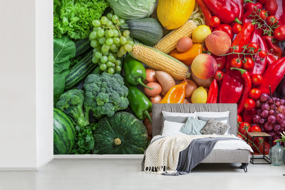 (6 Obst bedruckt, Wallpaper Gemüse Schlafzimmer, - MuchoWow Tapete St), Vinyl für Wohnzimmer, Matt, - Fototapete Kinderzimmer, Regenbogen,