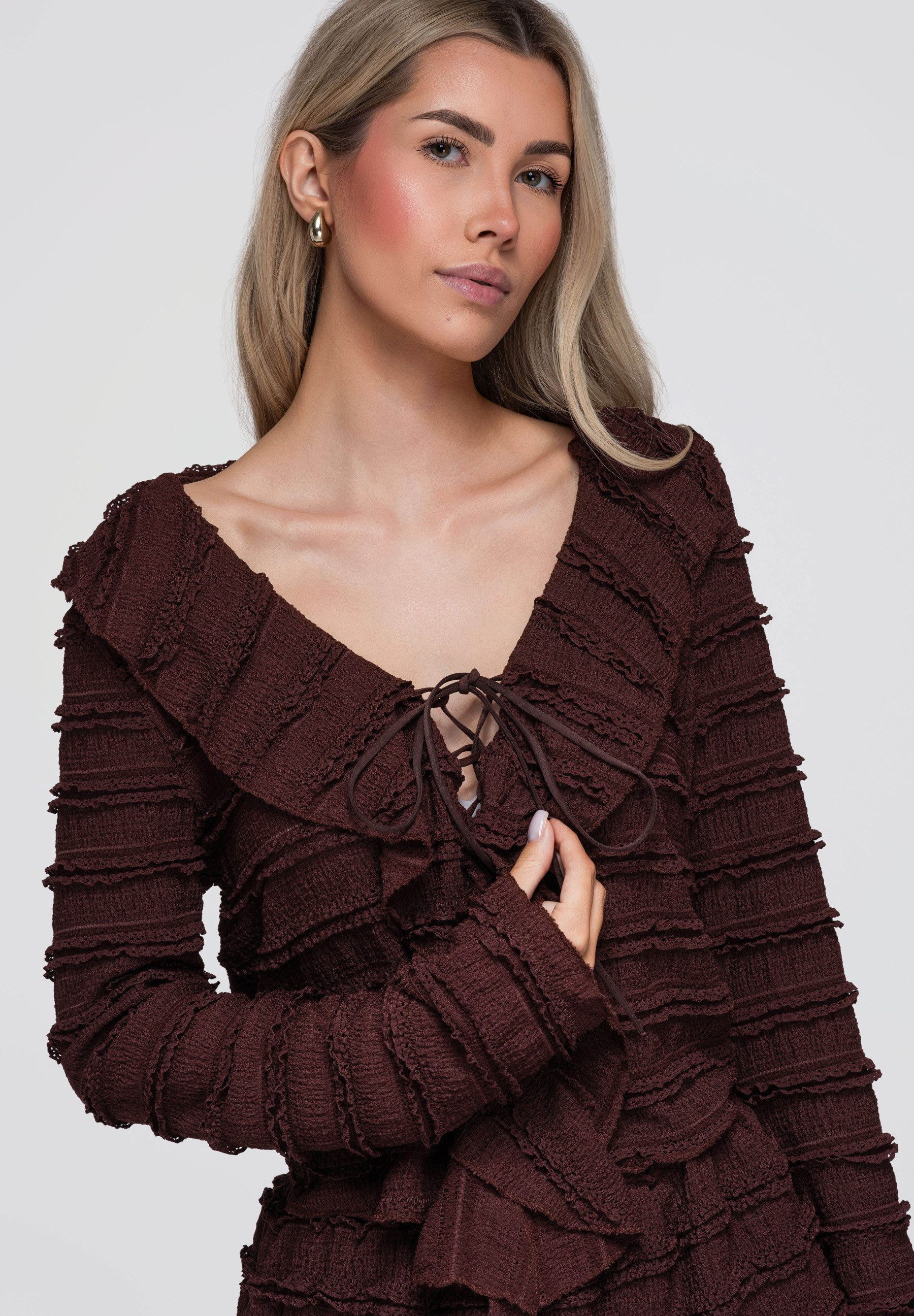 OMBRE Hemdbluse Damen Bluse mit V-Ausschnitt Slim Fit Casual Dunkelbraun M/L (kein Set, 1-tlg) Ajourdetails