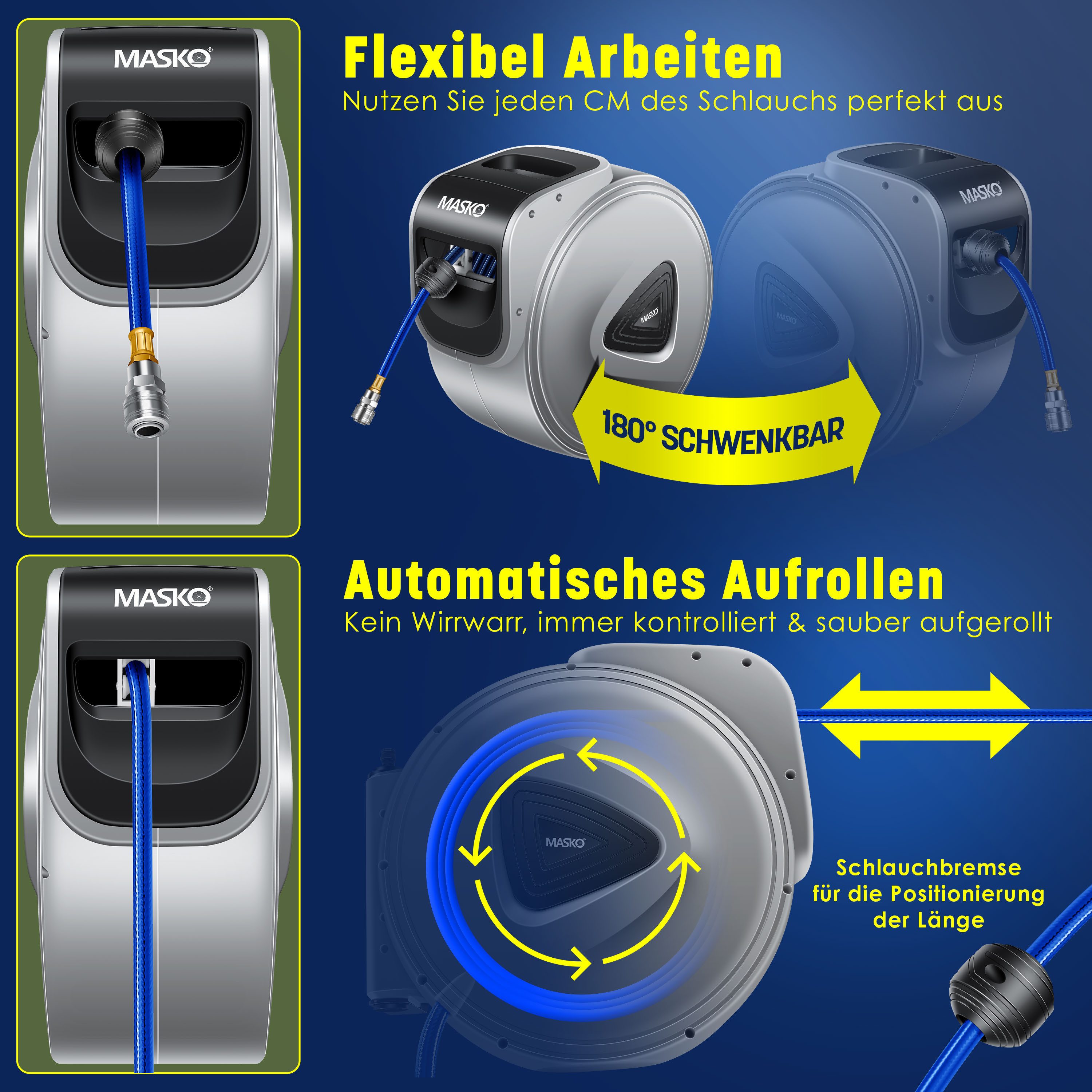 MASKO Hochdruckschlauch, Aufroller Automatik Druckluftschlauch Trommel 1/4 Anschluss Wandhalter