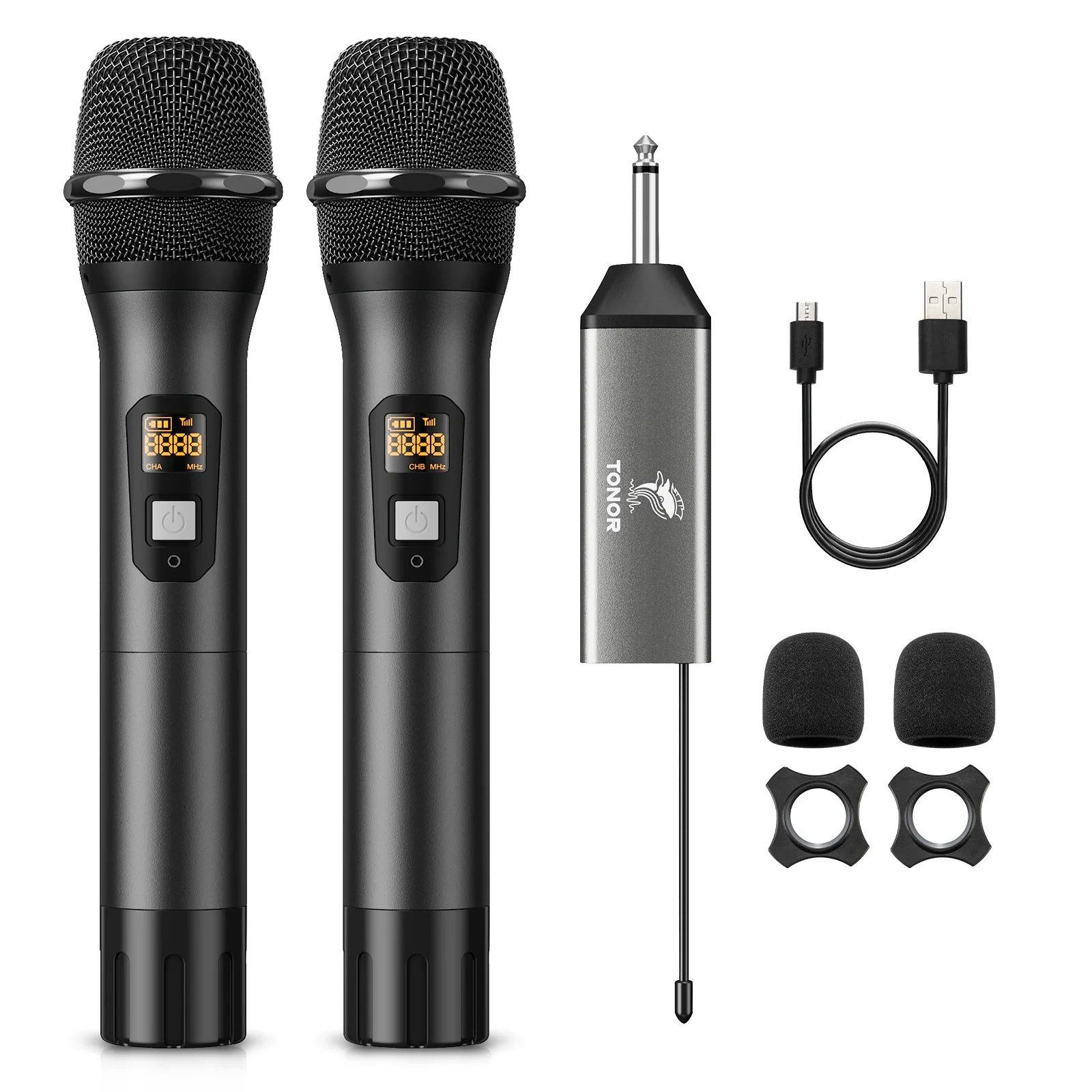 TONOR Mikrofon TW-630 kabellos für Karaoke, DJ, Party, Bühne und Präsentationen (Set, 2-tlg), UHF, 60 m Reichweite, 5 Kanäle, Metall, Akku-Empfänger