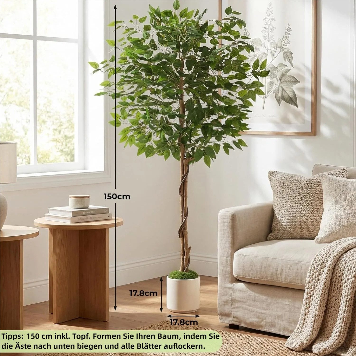 Kunstbaum Künstliche Ficus Benjamini Realistische Ficus Kunstpflanze mit festgeformtem Stamm, TLGREEN, Höhe 150 cm, für Wohnzimmer Büro, Inklusive Weißem Übertopf & Kunstmoos