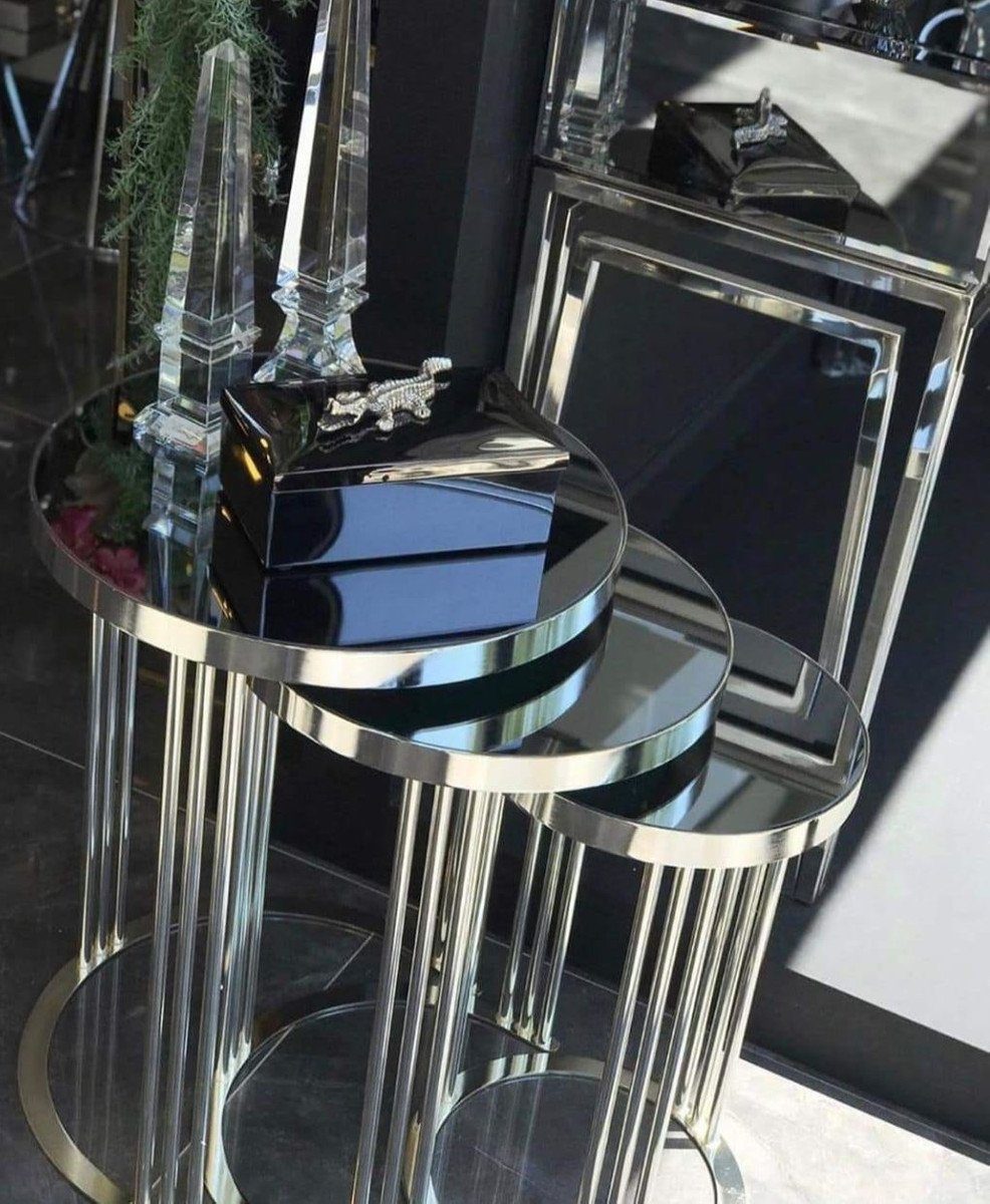 Glasplatte - 3 Casa mit Padrino Möbel runde Metall Beistelltisch Set Beistelltisch Tische Silber - - Möbel Luxus Luxus
