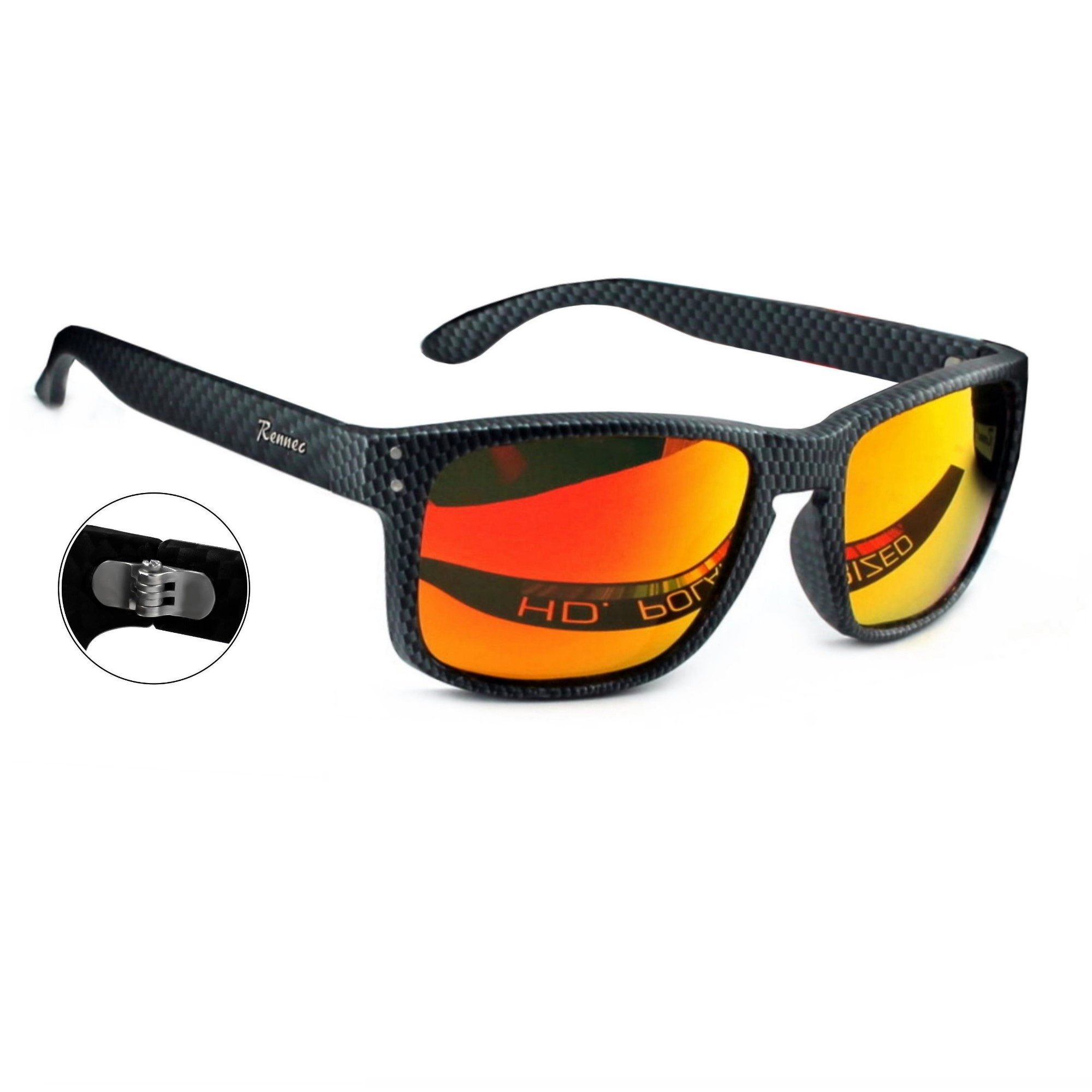 Rennec Sonnenbrille Herren Polarisiert Rechteckig Carbon Optik mit Hardcase Gläser UV400 Getönt oder Verspiegelt, Edelstahl Bügelgelenke 3in2 – Bild 5 von 5
