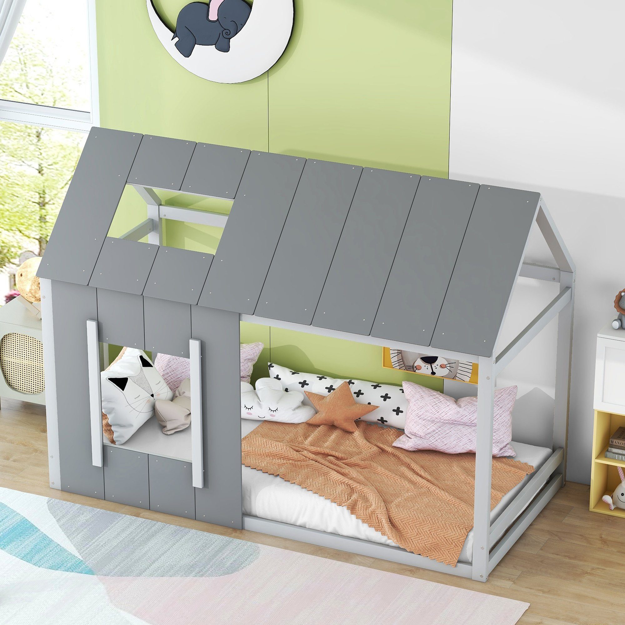 Bett Kinderbett ohne Hellgrau (Hausform, und mit Holzhaus Bettgestell Matratze Kinderbett cm, Dunkelgrau Dach Baumhausbett SPLOE + Fenster), HAUSS 90x200 Bodenbett Einzelhaus-Flachbett