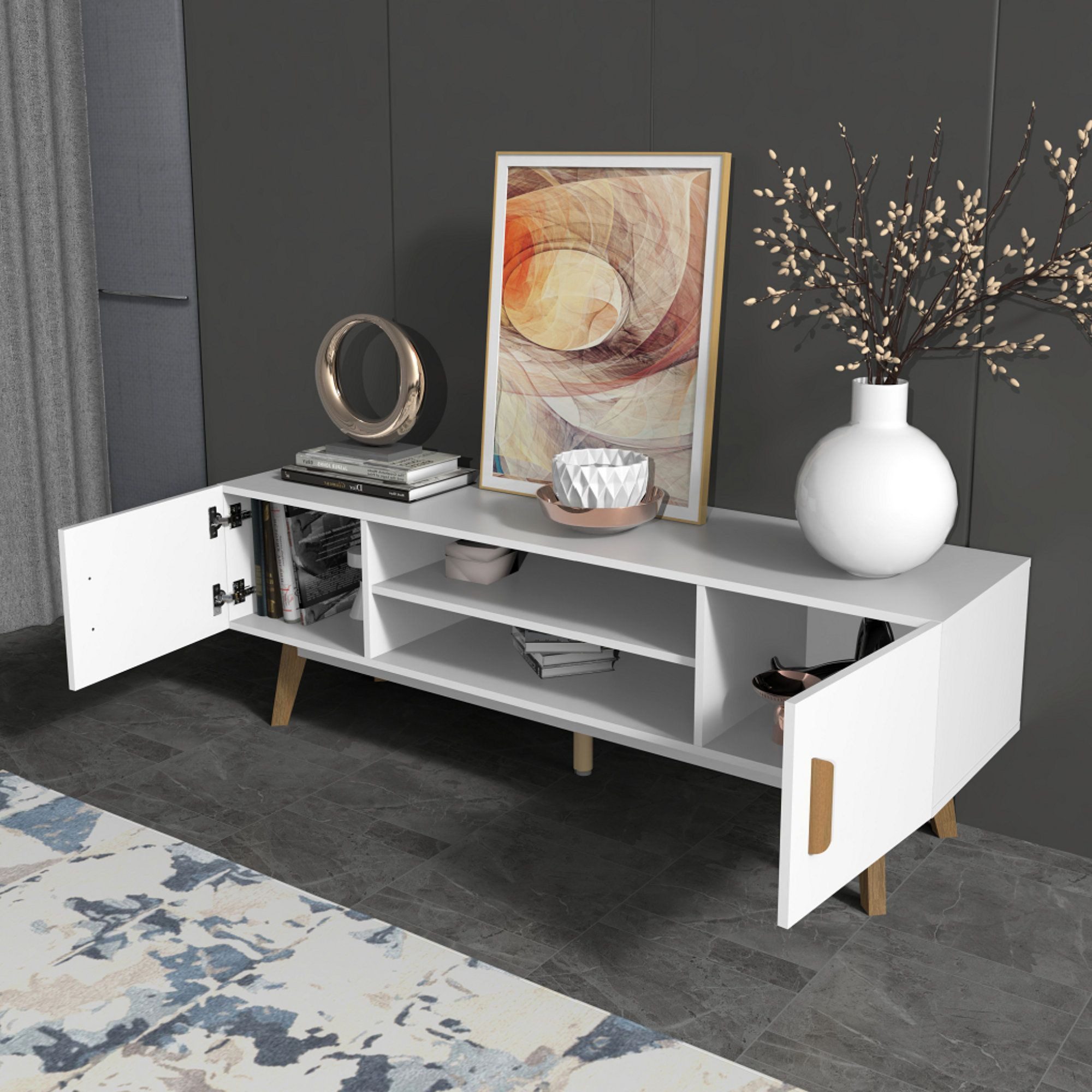 kalb Lowboard Lia weißes TV Lowboard mit integr. Beleuchtung im Skandi Look 150cm
