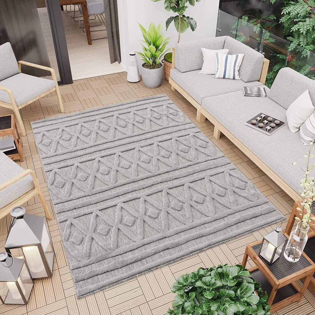 Teppich In-& Outdoorteppich Santorini Terrasse, UV-beständig & City, Küche, Carpet Raute-Optik, Wetterfest 3D-Effekt, rechteckig, für 5 grau 58538, mm, Höhe: Balkon, Flur