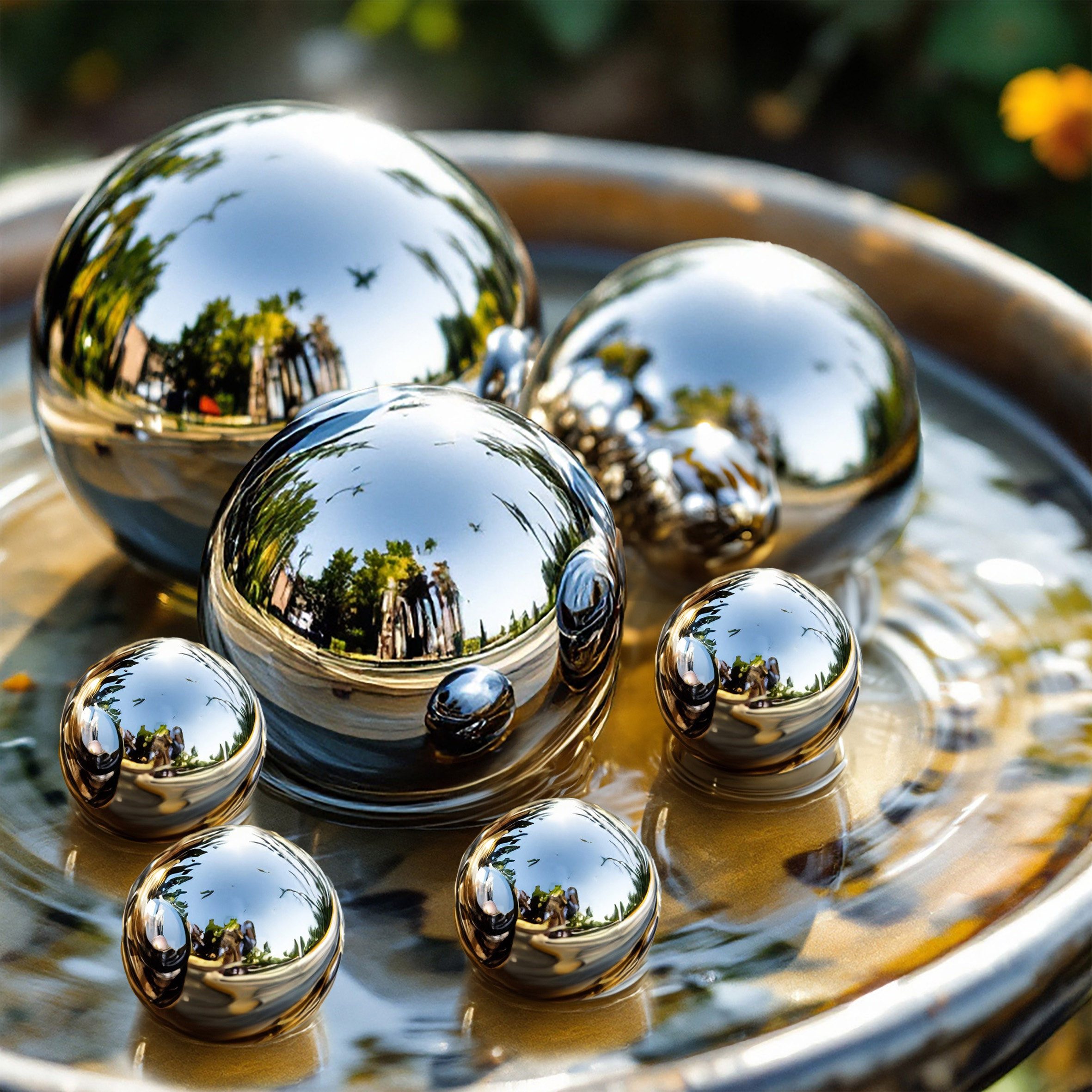 Spetebo Dekokugel Edelstahl silber glänzend für Zierbrunnen 8 / 6 / 4 cm (Set, 7 St., 1), im Wasser reflektieren die schwimmenden Kugeln – Bild 5 von 5