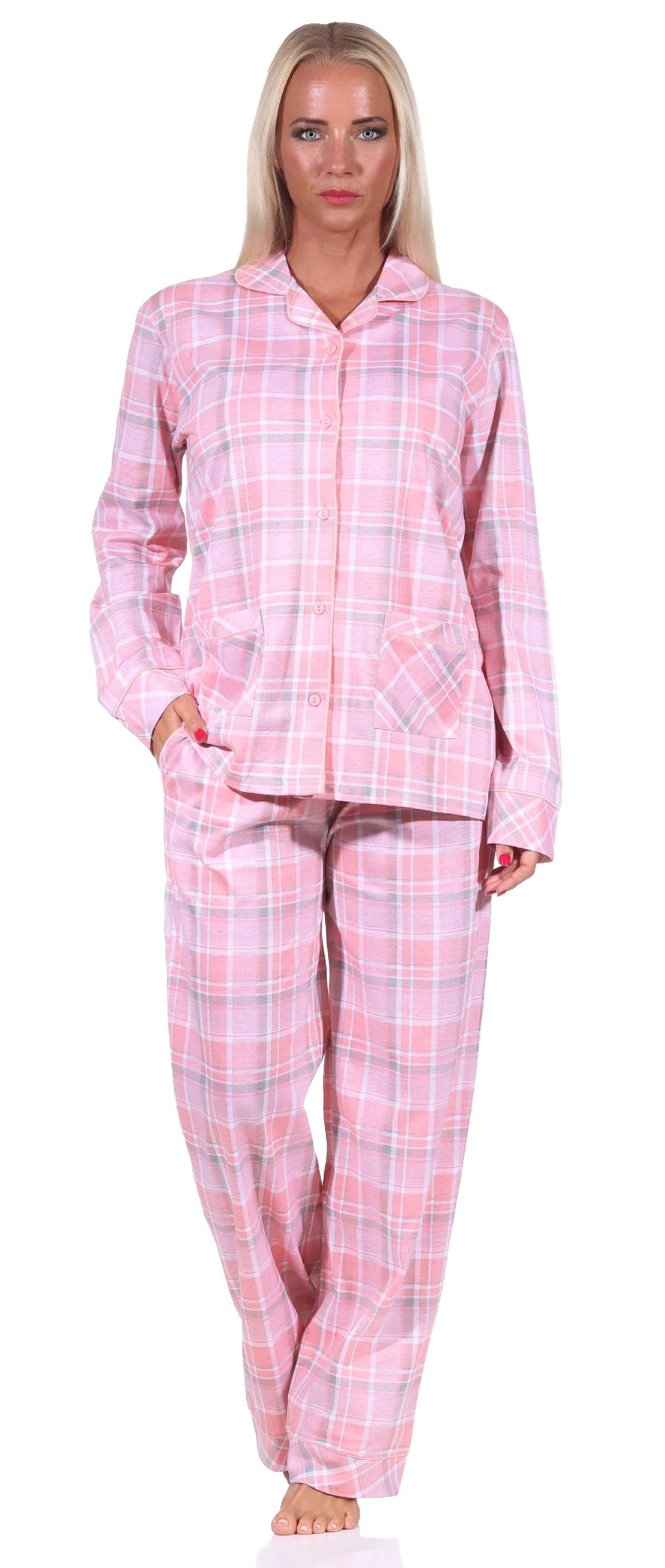 in Schlafanzug rosa Karopotik Damen Normann langarm Pyjama Jersey in Single Qualität