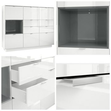 Vladon Highboard Metro (Highboard, mit 6 Türen, 4 Schubladen und 1 offenem Fach), Weiß Hochglanz (153 x 123 x 38 cm)