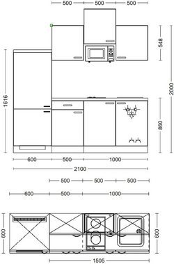 Flex-Well Küche Portland, Breite 210 cm, mit Kühlgerät und Glaskeramikkochfeld sowie Mikrowelle