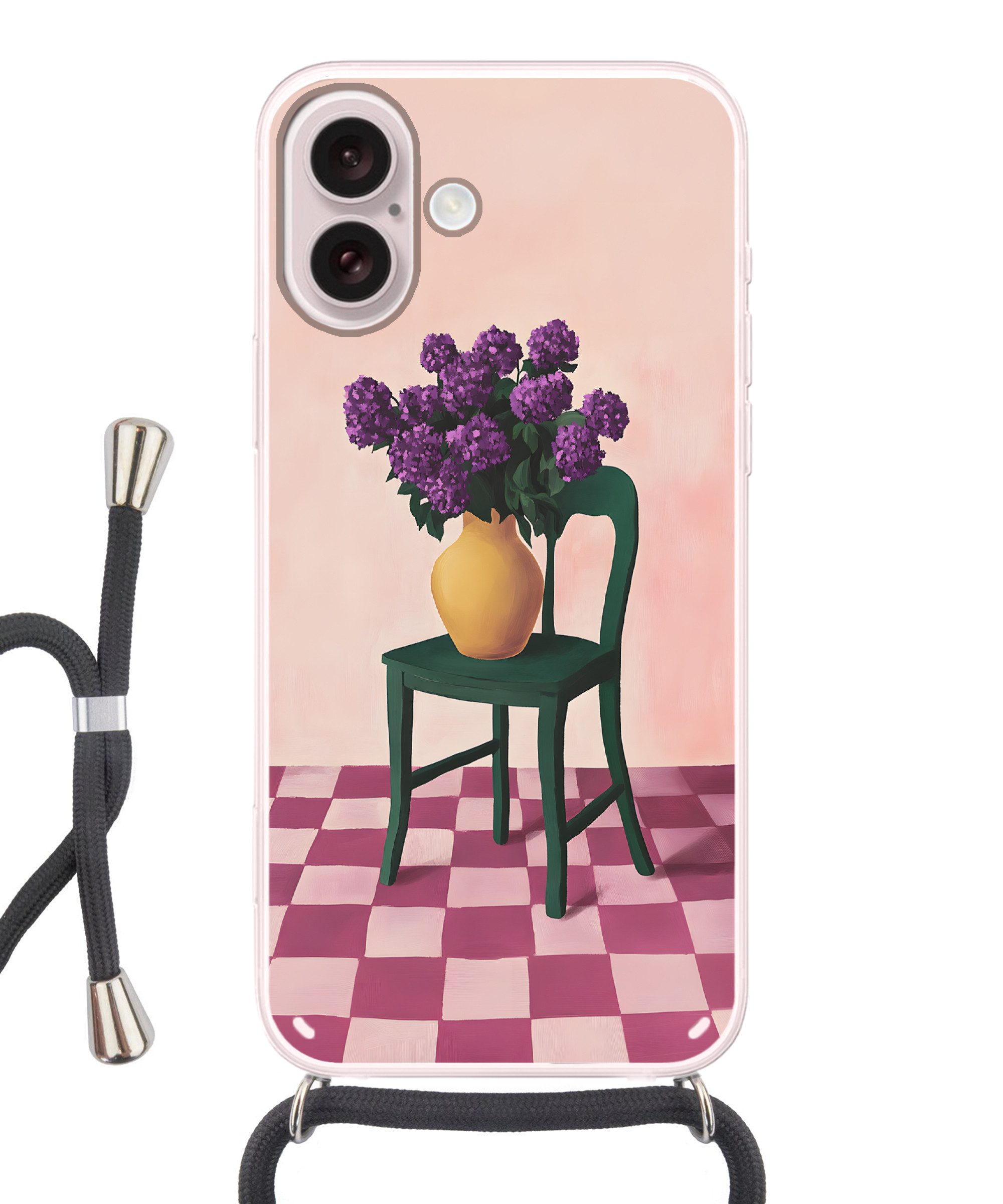 MuchoWow Handyhülle für Apple iPhone 16 Stuhl - Vase - Blumen - Blockiert, Tragbare Handyhüllen mit Kette zum umhängen, Handykette Handyband