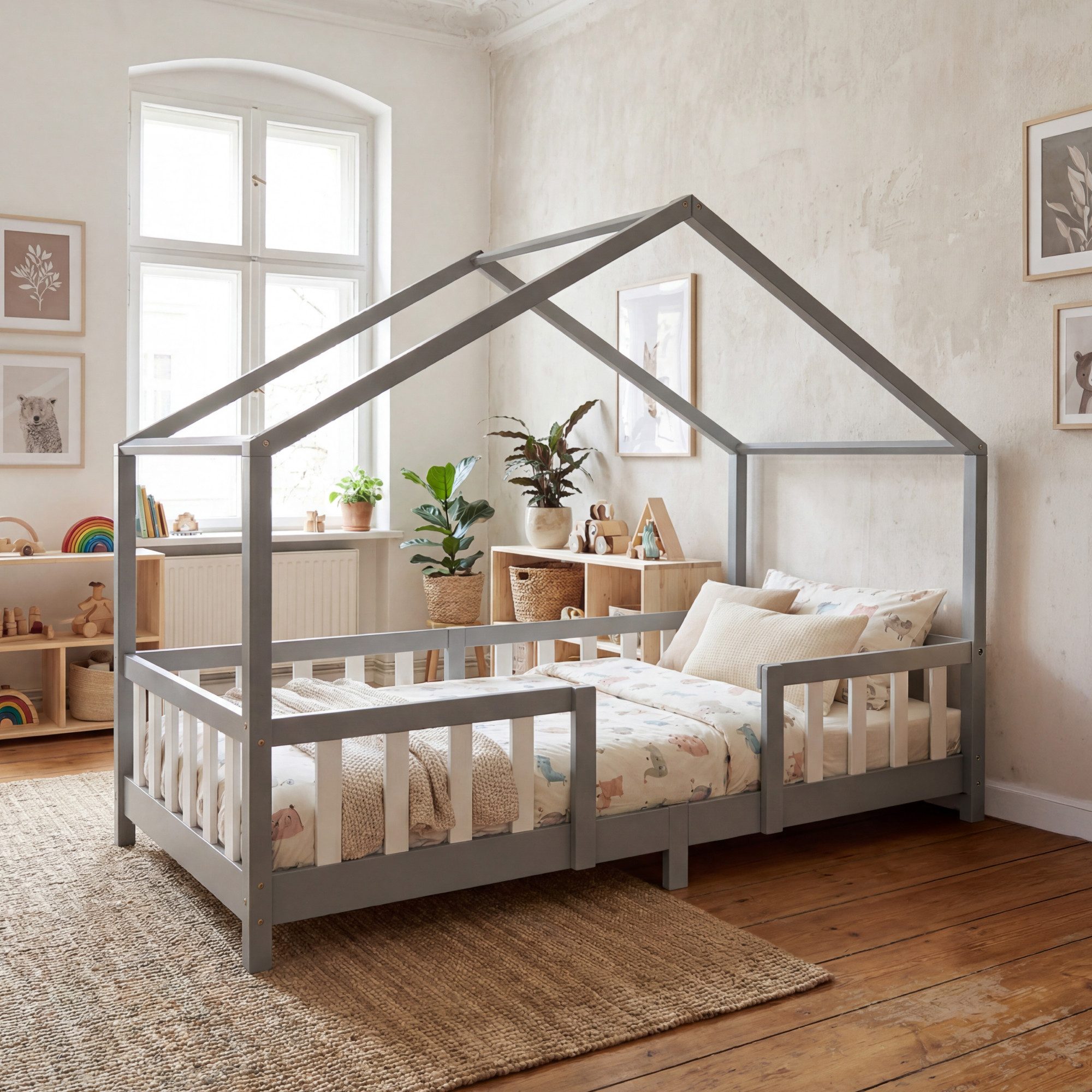 en.casa Kinderbett, »Treviolo« Haus-Optik Montessori 90x200 cm Hellgrau/Weiß