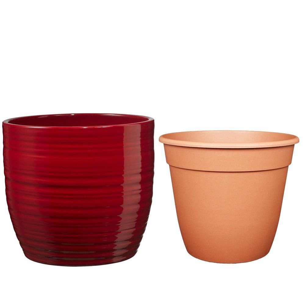 Heimwerkercenter Übertopf Set - Keramikübertopf Bergamo ø13 cm, bordeaux + Pflanztopf ø12