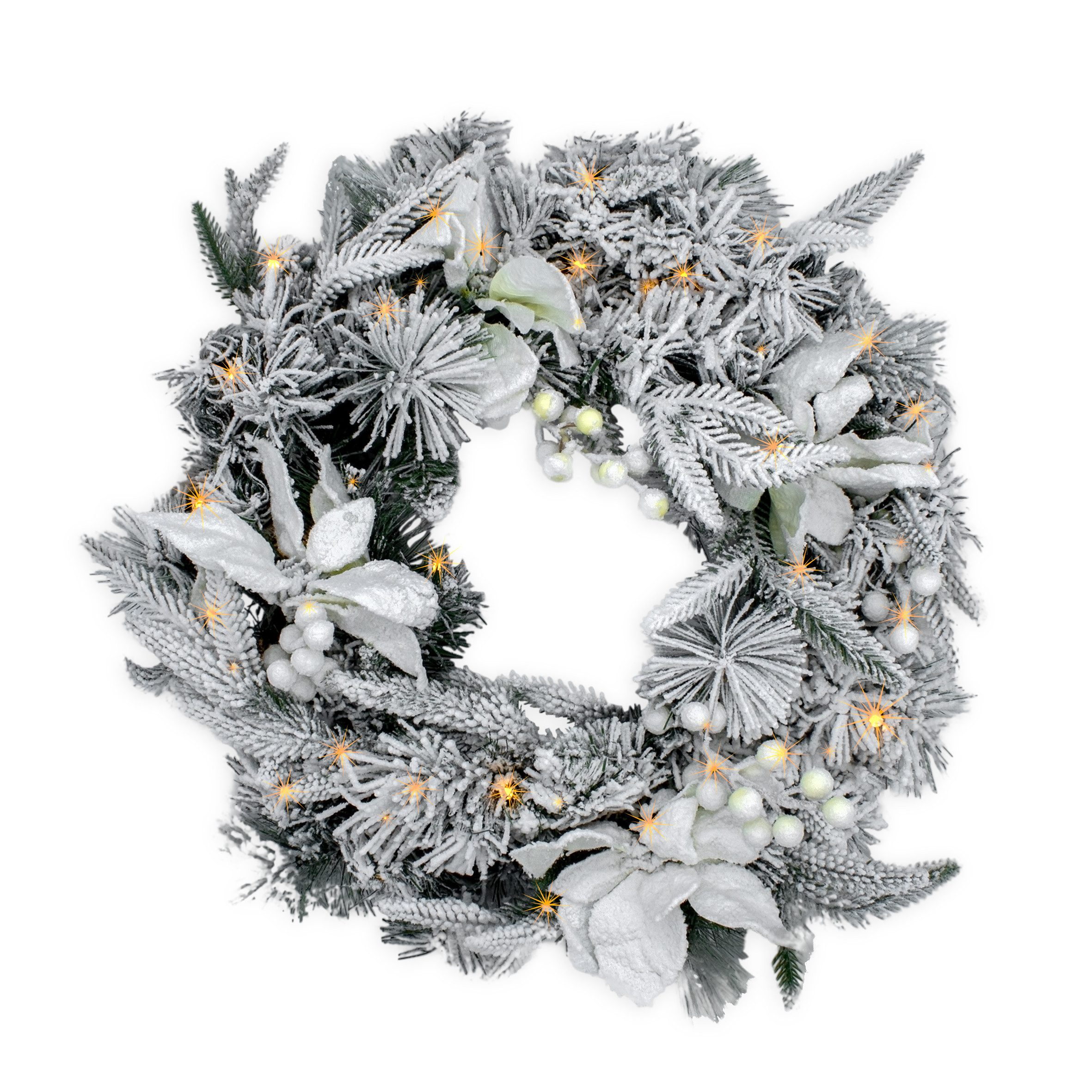 Spetebo Girlanden Weihnachtsgirlande oder -Kranz mit Schnee und weißen Blumen (1-tlg), mit Timer Funktion