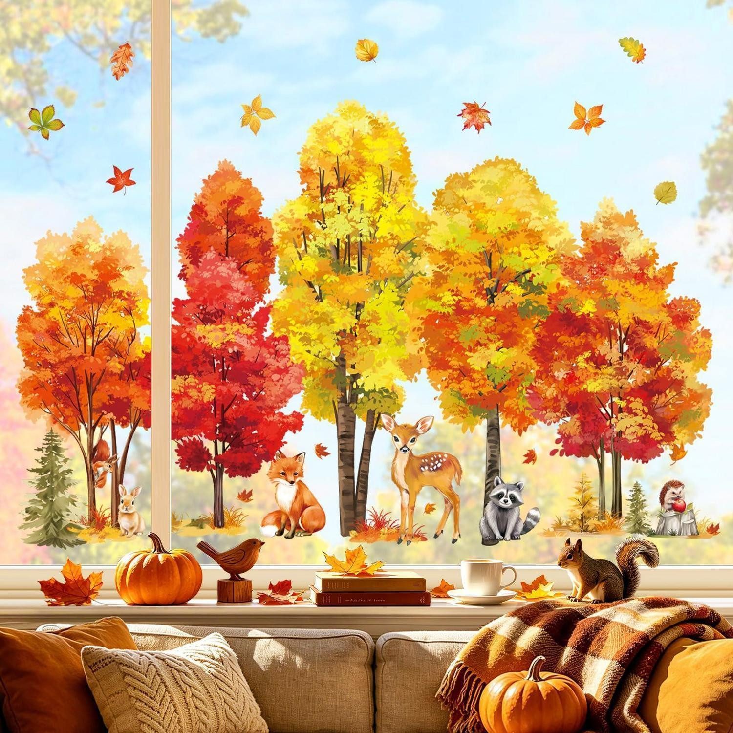 LuxusKollektion Fensterbild Fensterbilder Herbst Baum Waldtiere Fuchs Hirsch PVC