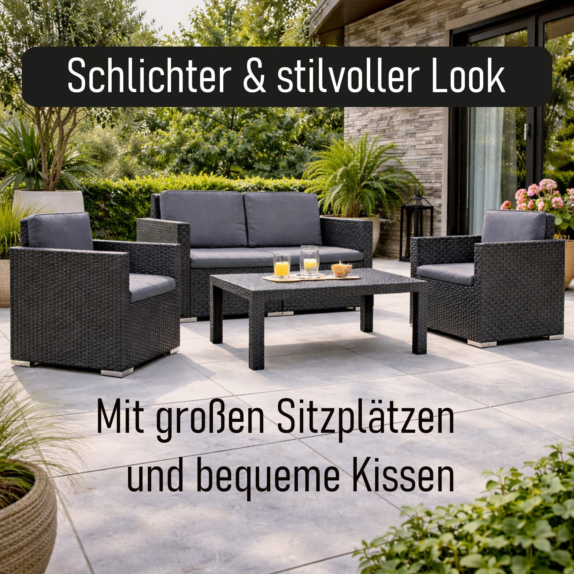 Bestlivings Gartenlounge-Set Gartenmöbel in Rattan-Optik, 4-tlg., 2 Sessel, 1x2er Sofa, Tisch, inkl. Auflagen