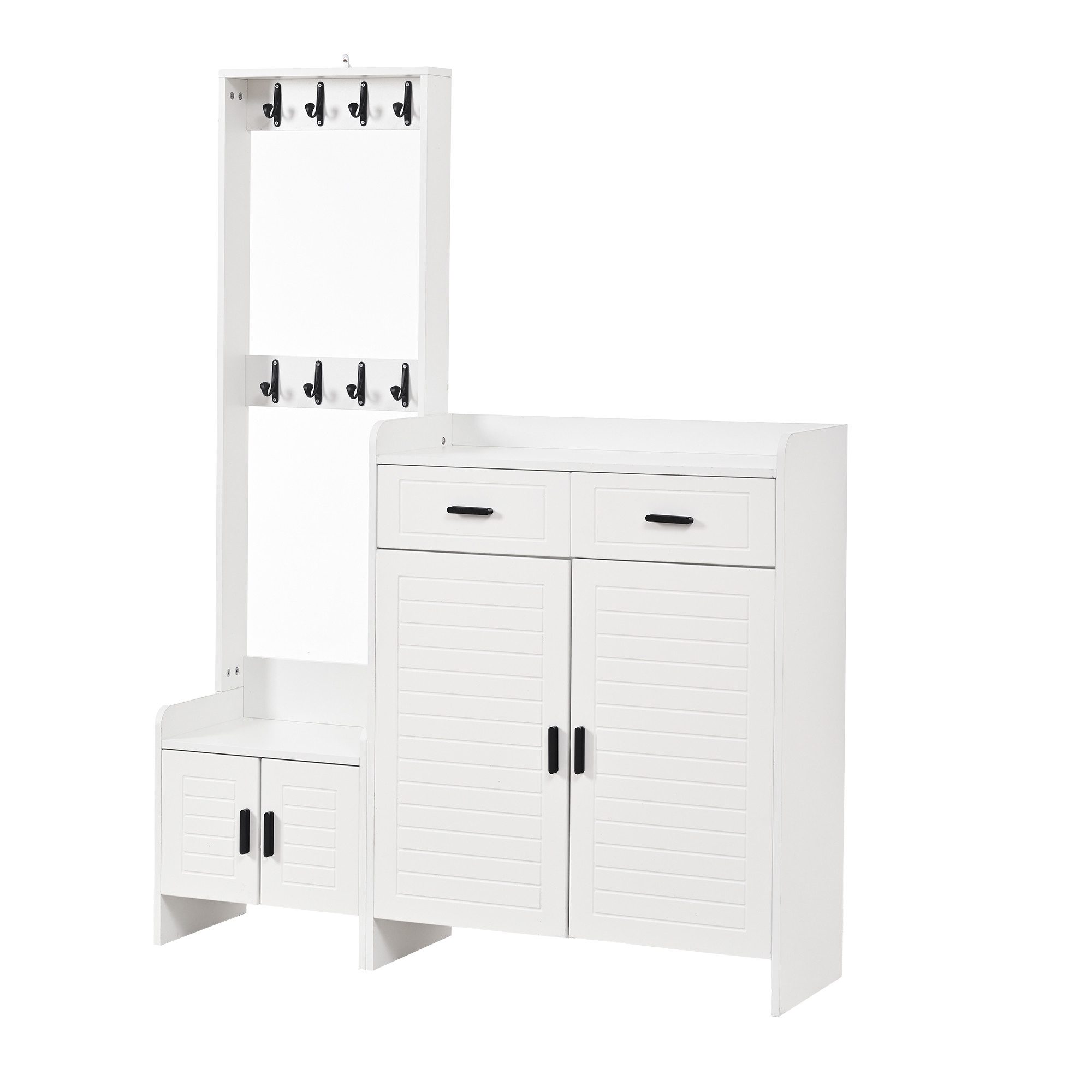 BlingBin Garderoben-Set 125x36x165 cm Garderoben- und Schuhschrank-Set mit 2 Schubladen, (1er Set, 1-St., Kompaktgarderobe, Wandgarderobe), Flurgarderobe Set mit 6 Ablagen & 8 Haken für Eingangsbereich, Weiß