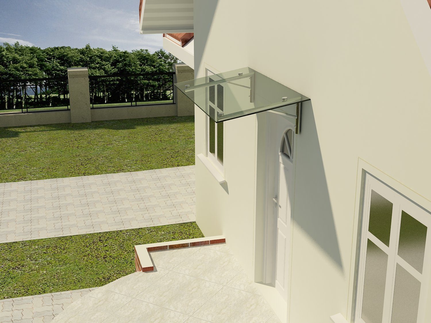 Fischer und Adamek Vordach Vordach Glasvordach Edelstahl VSG Türvordach Glas Winkel Klar Glas V2A