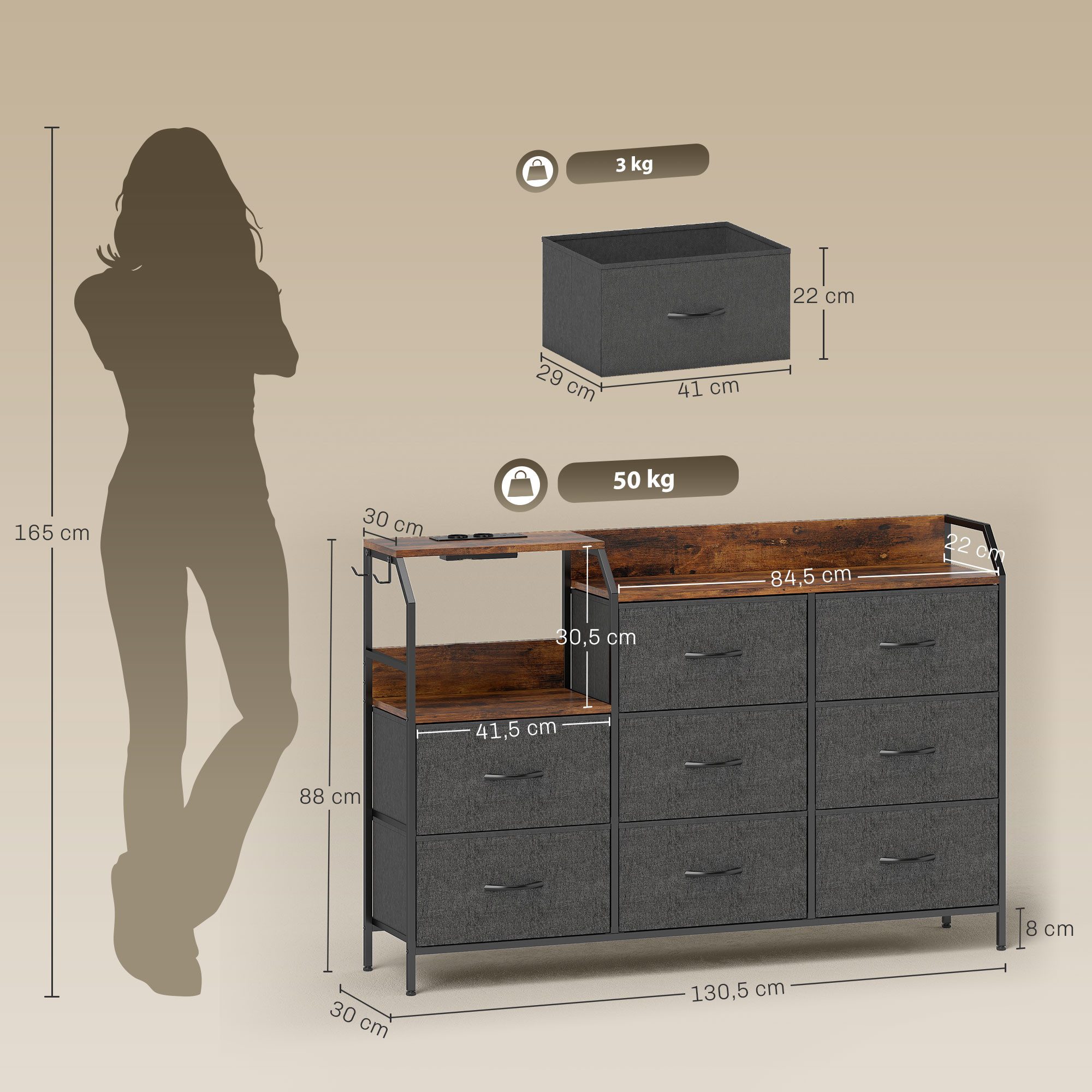 HOMCOM Kommode mit 8 Schubladen aus Vliesstoff Ladestation Haken Stahlrahmen (Schubladenschrank, 1 St., Aufbewahrungsschrank), für Flur, Schlafzimmer, Wohnzimmer, Rustikal-Braun+Schwarz