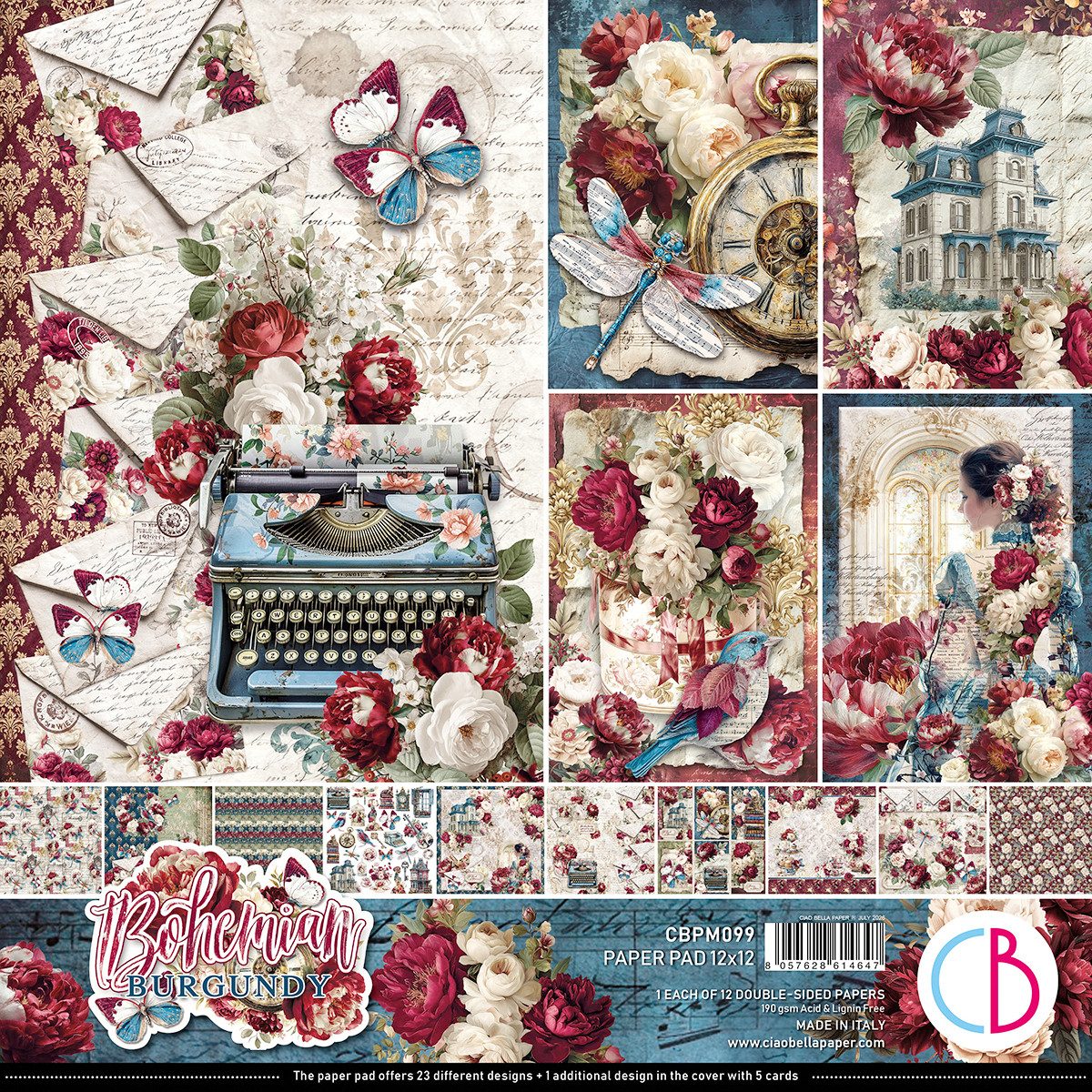 Ciao Bella Motivpapier Scrapbook-Papier "Bohemian Burgundy, 12 Blatt, 30,5 x 30,5 cm