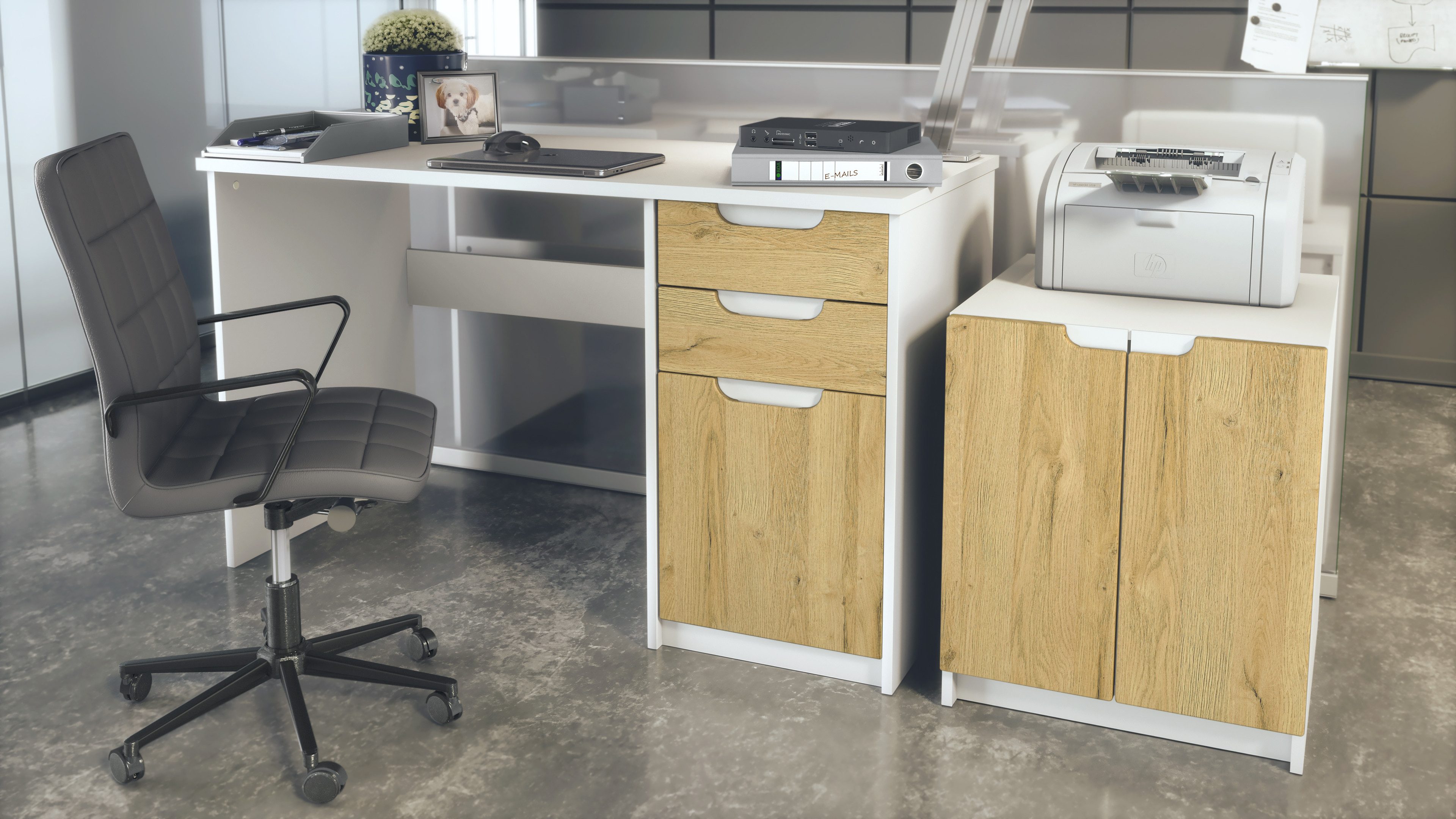Vladon Aktenschrank Paris (Büromöbel-Set, mit 1 Schreibtisch und 1 Druckerkommode) Weiß matt / Eiche Natur
