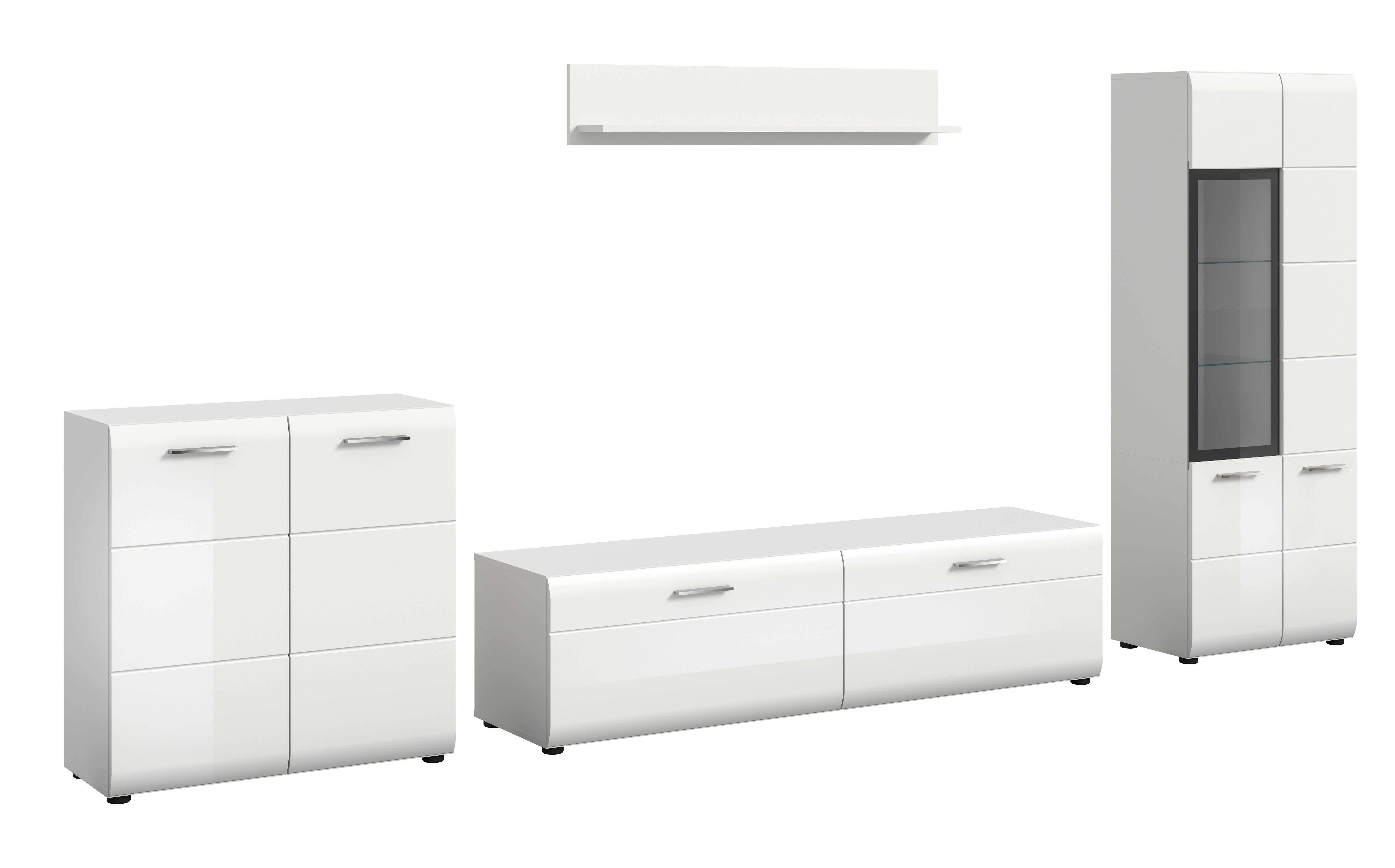 furnling Wohnzimmer-Set Ivy, (4-St., Kommode, Lowboard, Vitrine, Wandboard), Wohnzimmermöbel mit Rillenfräsung, Hochglanz Front, Breite 315 cm