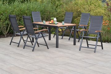 MERXX Garten-Essgruppe Paxos, (Set 7-teilig, Tisch, 6 Klappsessel, Aluminium mit Textilbespannung und Akazienholz), in Sitz und Rücken gepadded, Armlehnen mit Akazienholz