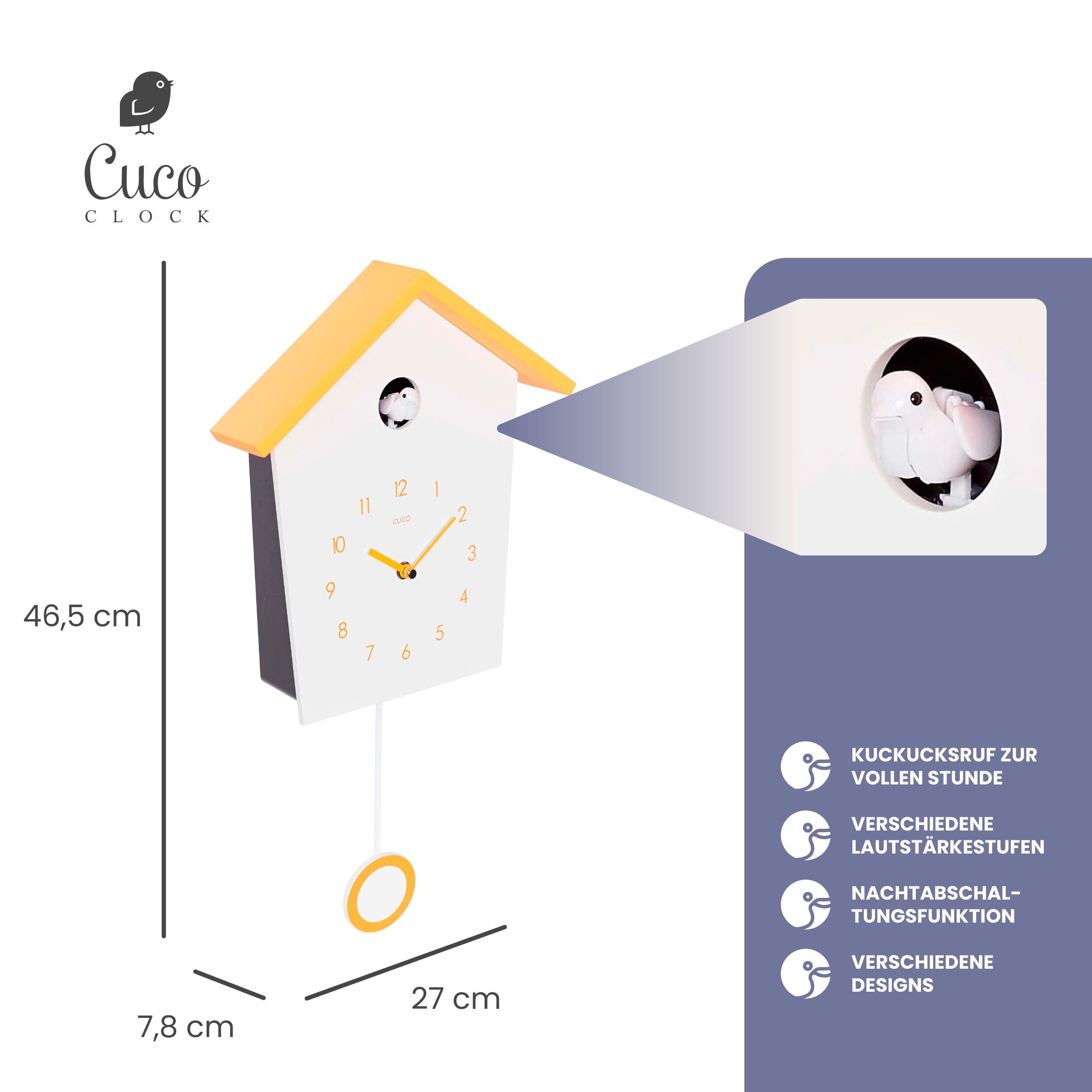Weiß/ Wanduhr Clock Kuckucksuhr (46,5 × Moderne × Orange Vogelgezwitscher) mit Cuco Nachtruhefunktion, 7,8cm, Pendeluhr 27 Pendeluhr LANDHAUS, Schwarzwalduhr Wanduhr,