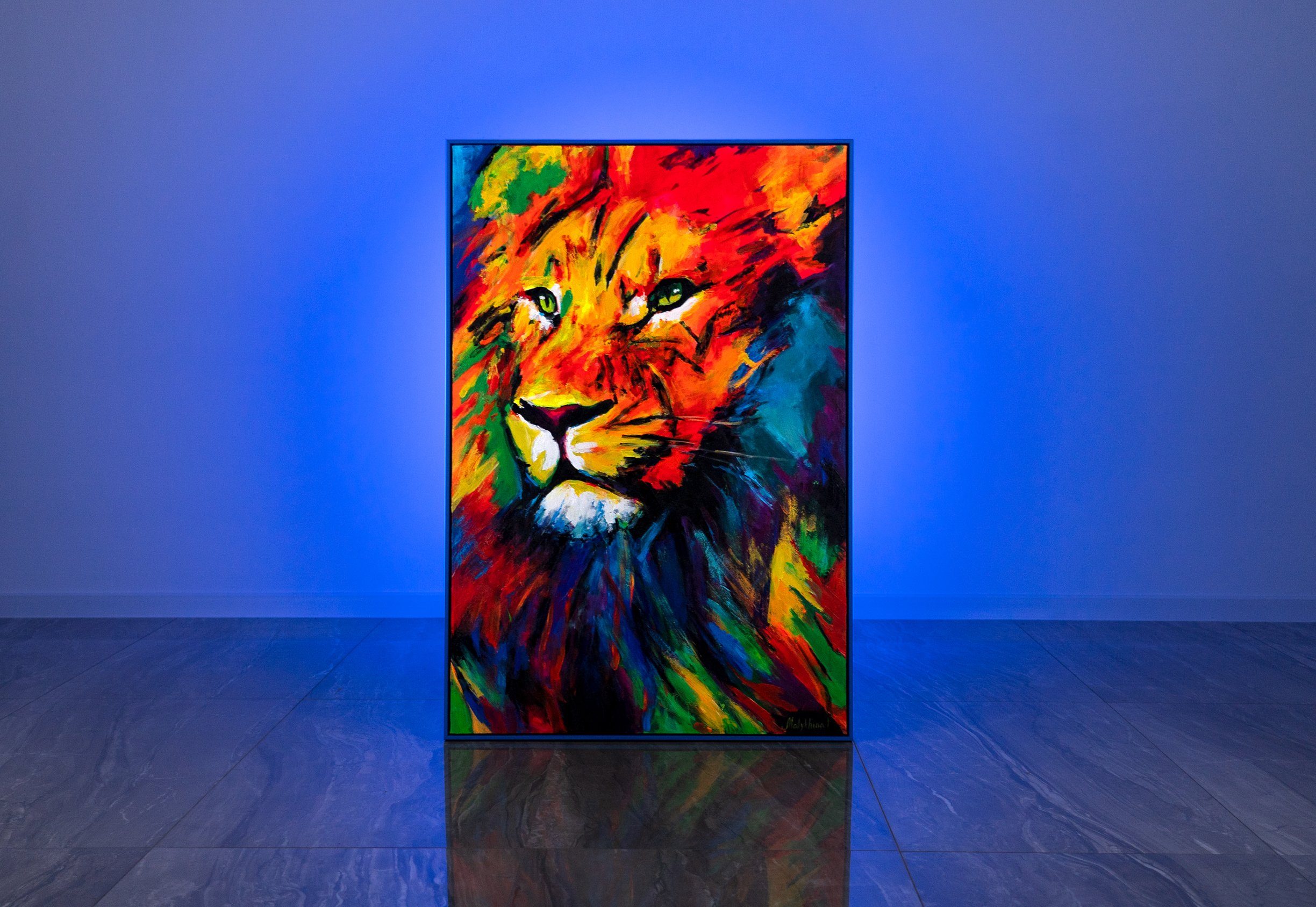 Mit Löwenstärke, Blau Abstraktion Gemälde in YS-Art Rahmen