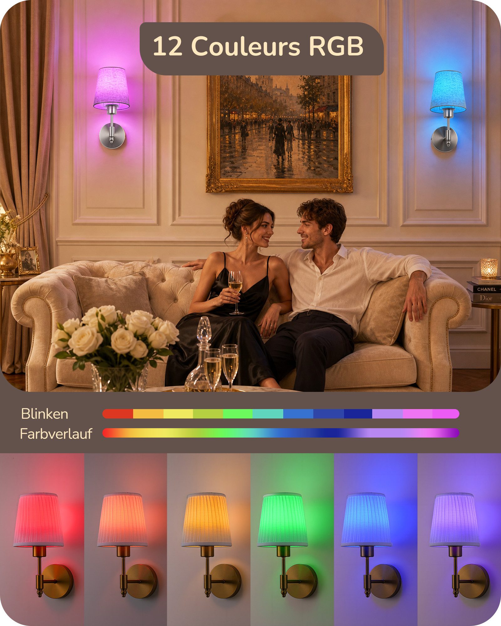 EDISHINE Wandleuchte 2er Set Akku Wandleuchten Innen mit Fernbedienung, 12 Farben RGB, LED wechselbar, 3000K-6500K, magnetische LED-Wandleuchten, 3000-6500K dimmbar, Timer