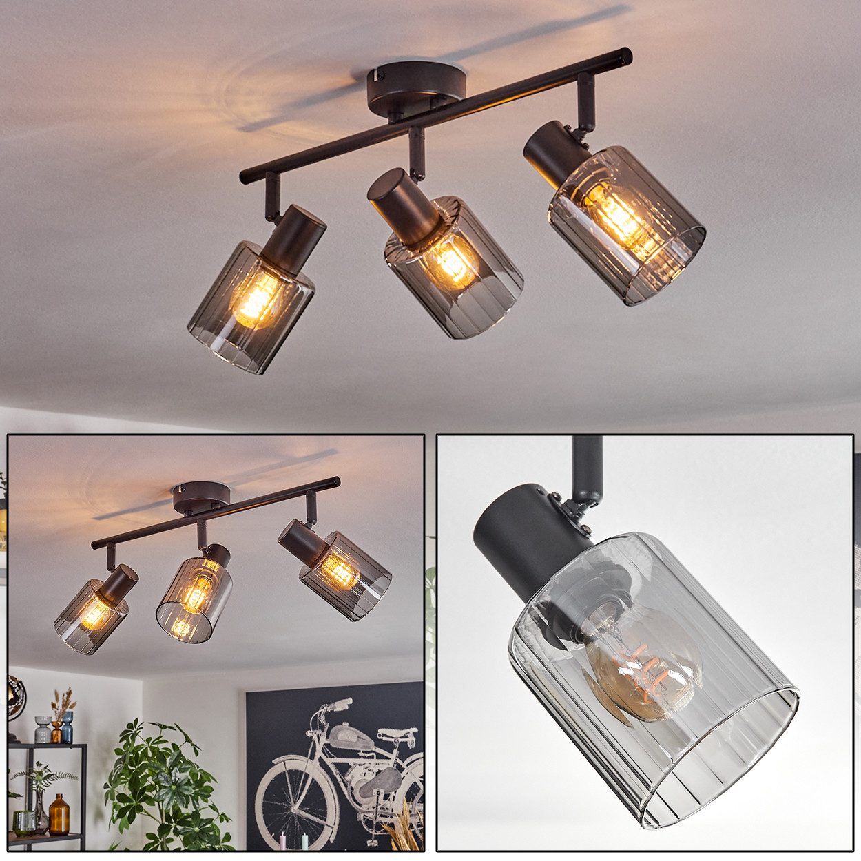 hofstein Deckenleuchte Deckenlampe aus Metall/Glas in Schwarz, ohne Leuchtmittel, Leuchte mit Glasschirmen (8 cm), 3 x E14, ohne Leuchtmittel