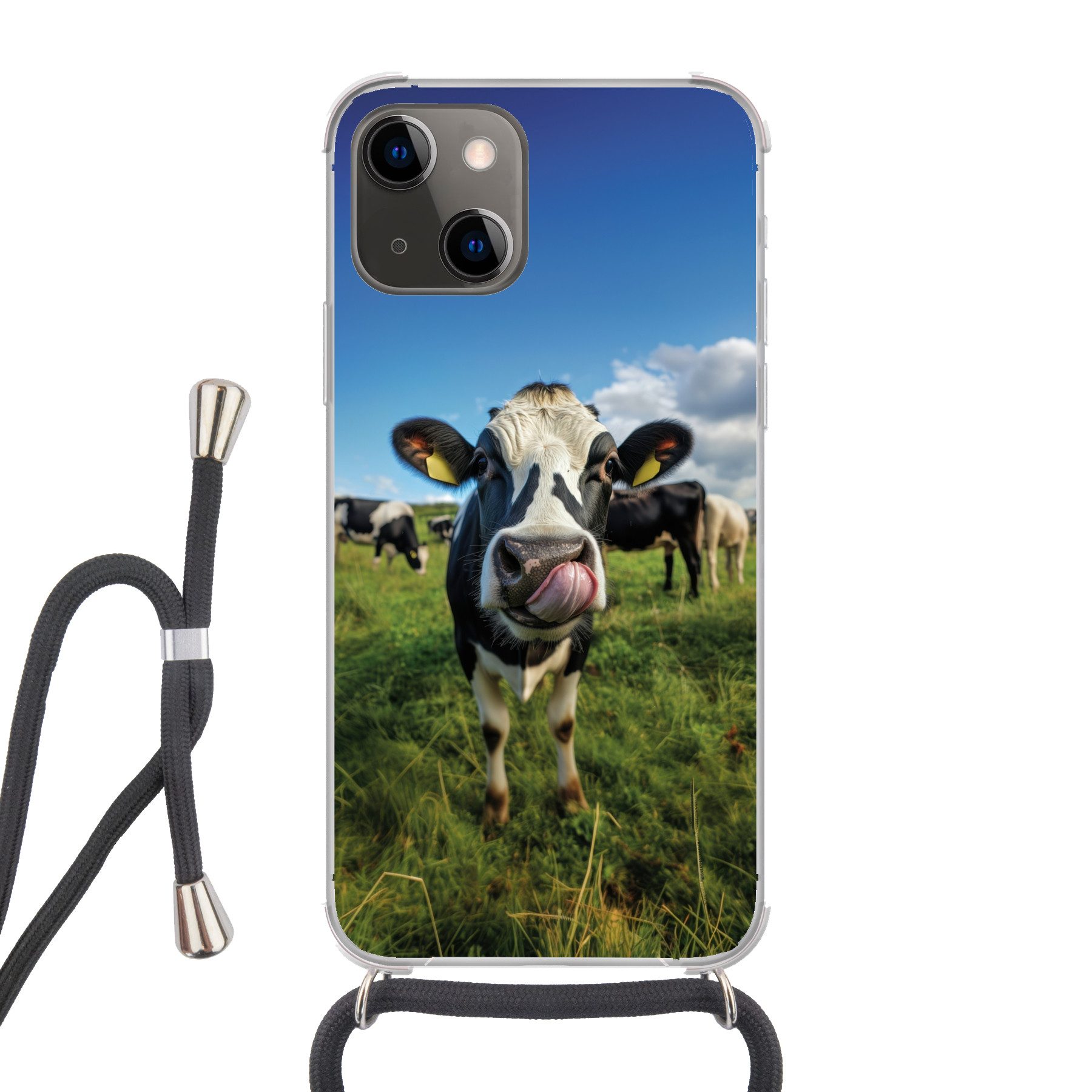 MuchoWow Handyhülle für Apple iPhone 13 Mini Kuh - Zunge - Wiese, Tragbare Handyhüllen mit Kette zum umhängen, Handykette Handyband