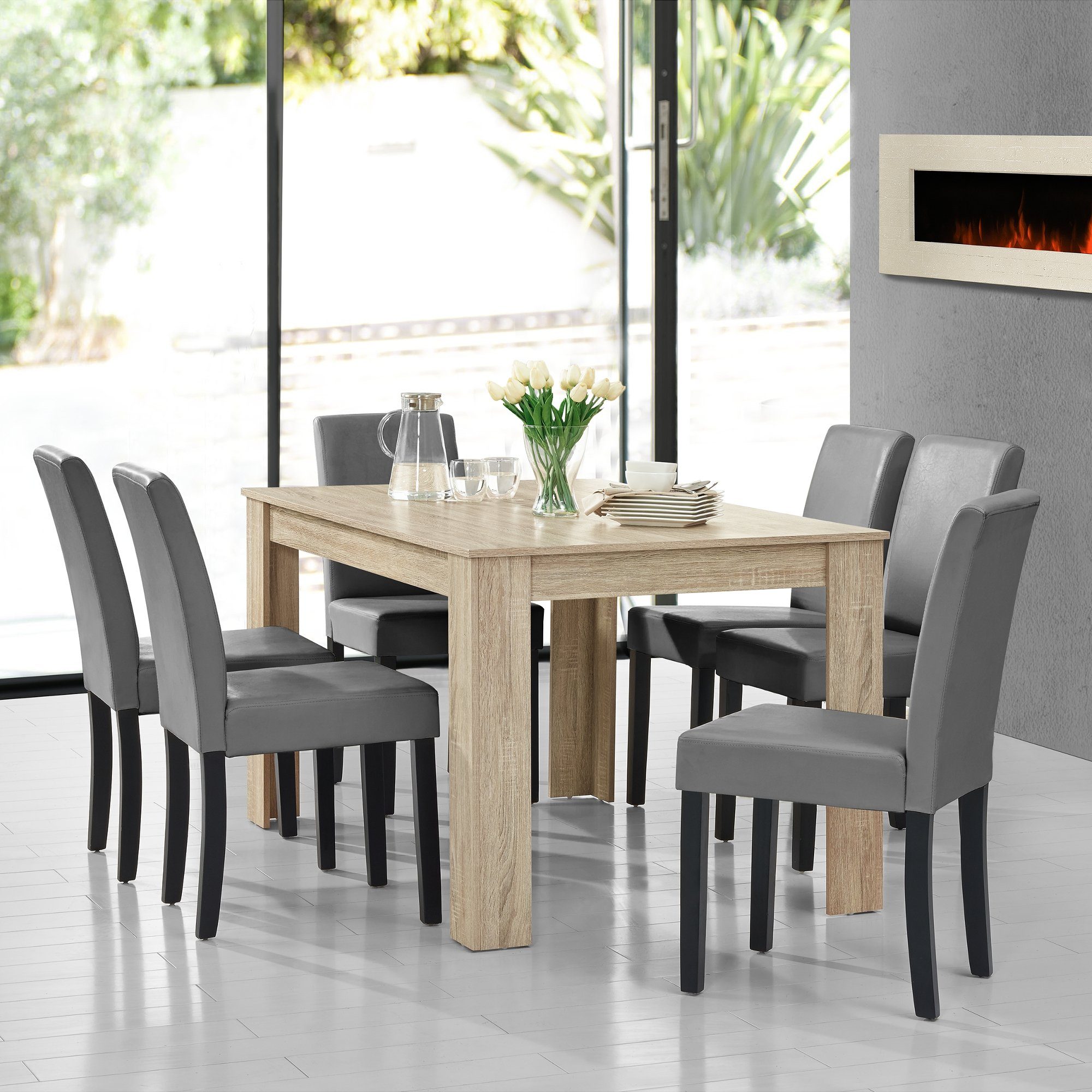en.casa Essgruppe, (7-tlg., Esstisch mit 6 Stühlen), »Forssa« 140x90cm Küch günstig online kaufen