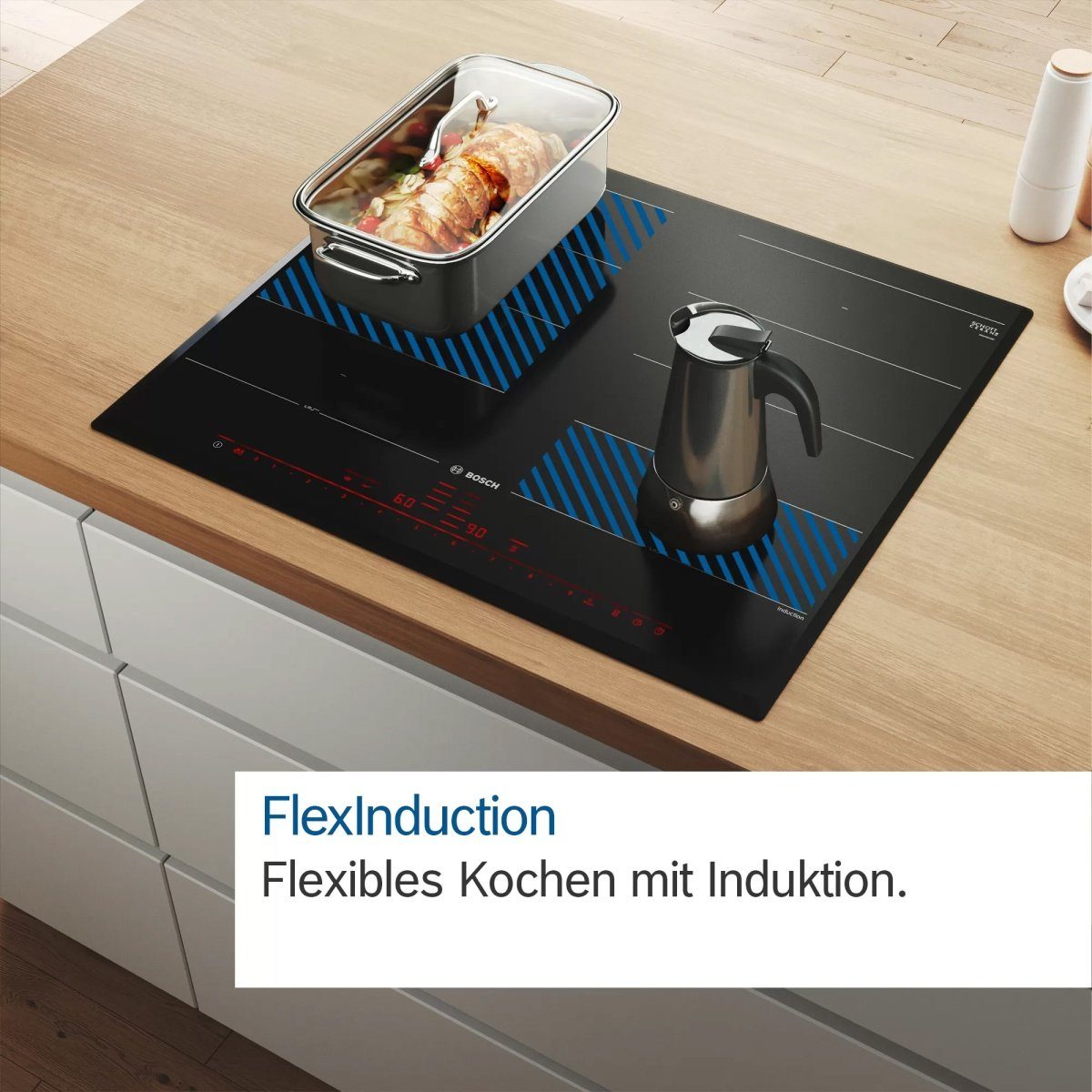 Kochfeld DirectSelect, FlexInduction, Dunstabzug BOSCH mit Flex-Zone powerMove, PXX875D57E, ProFry-Sensor,