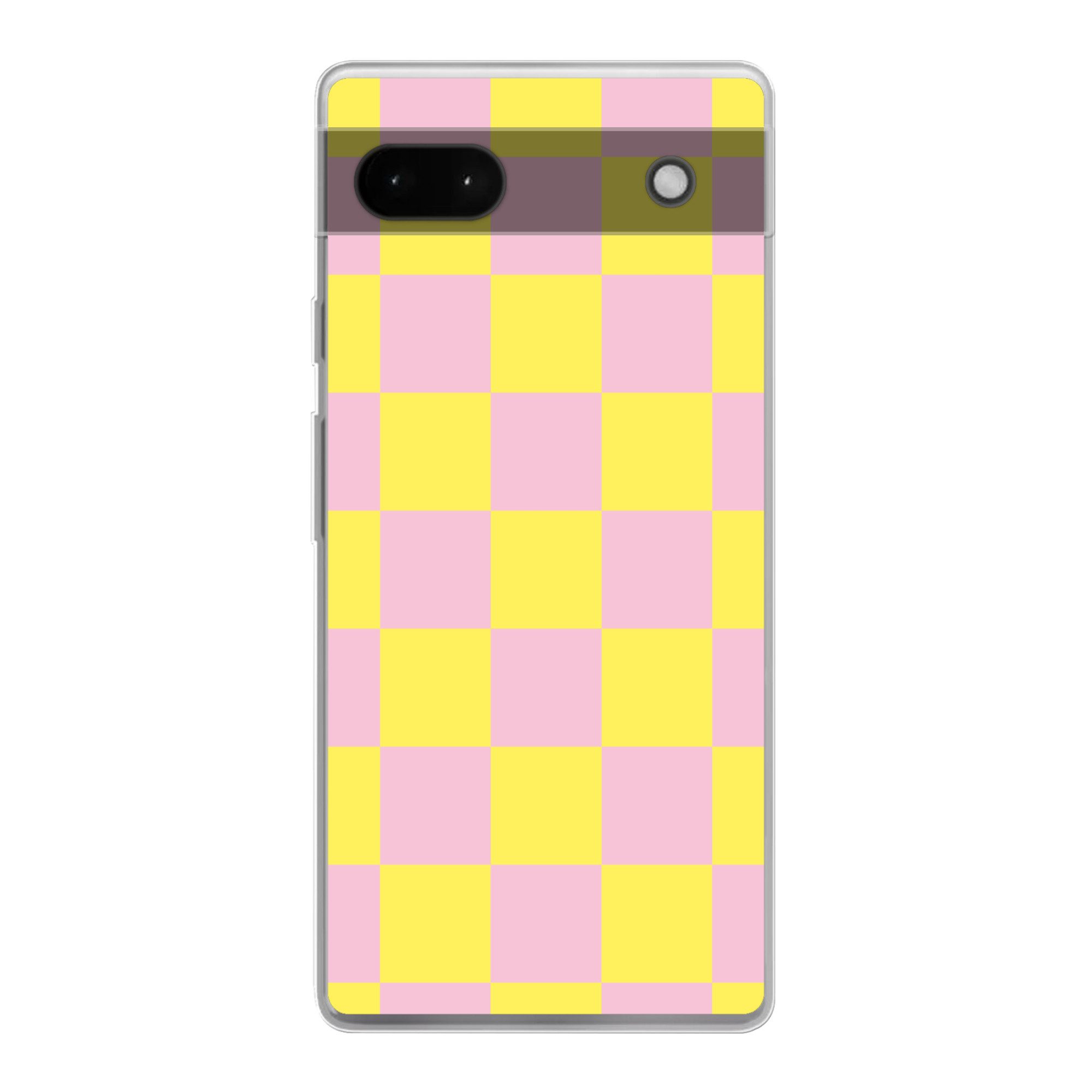 MuchoWow Handyhülle für Google Pixel 6a Schachbrettmuster - Gelb - Rosa - Würfel, Phone Case, Silikon, Schutzhülle Dünn