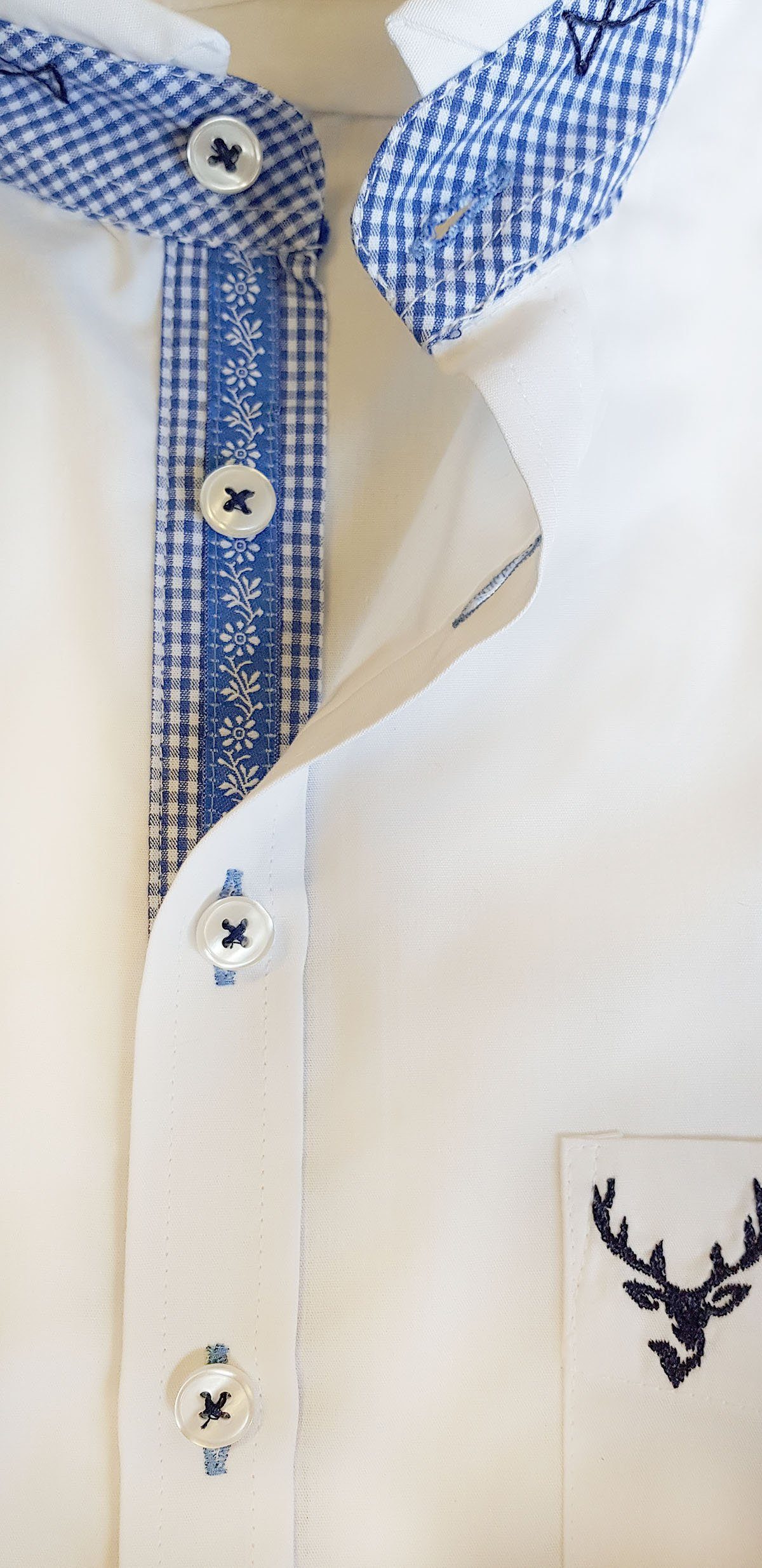 Weiß-Blau Moschen-Bayern Trachtenhemd FIT Herren Trachtenhemd Langarm SLIM Wiesn-Hemd Hirsch Herrenhemd Stickerei Stehkragen