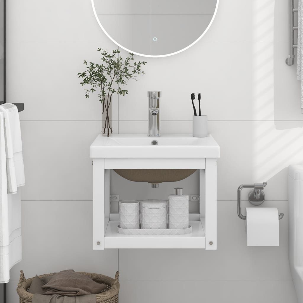 vidaXL Badezimmerspiegelschrank Badezimmer-Waschtischgestell Eisen mit (1-St) Waschbecken Weiß