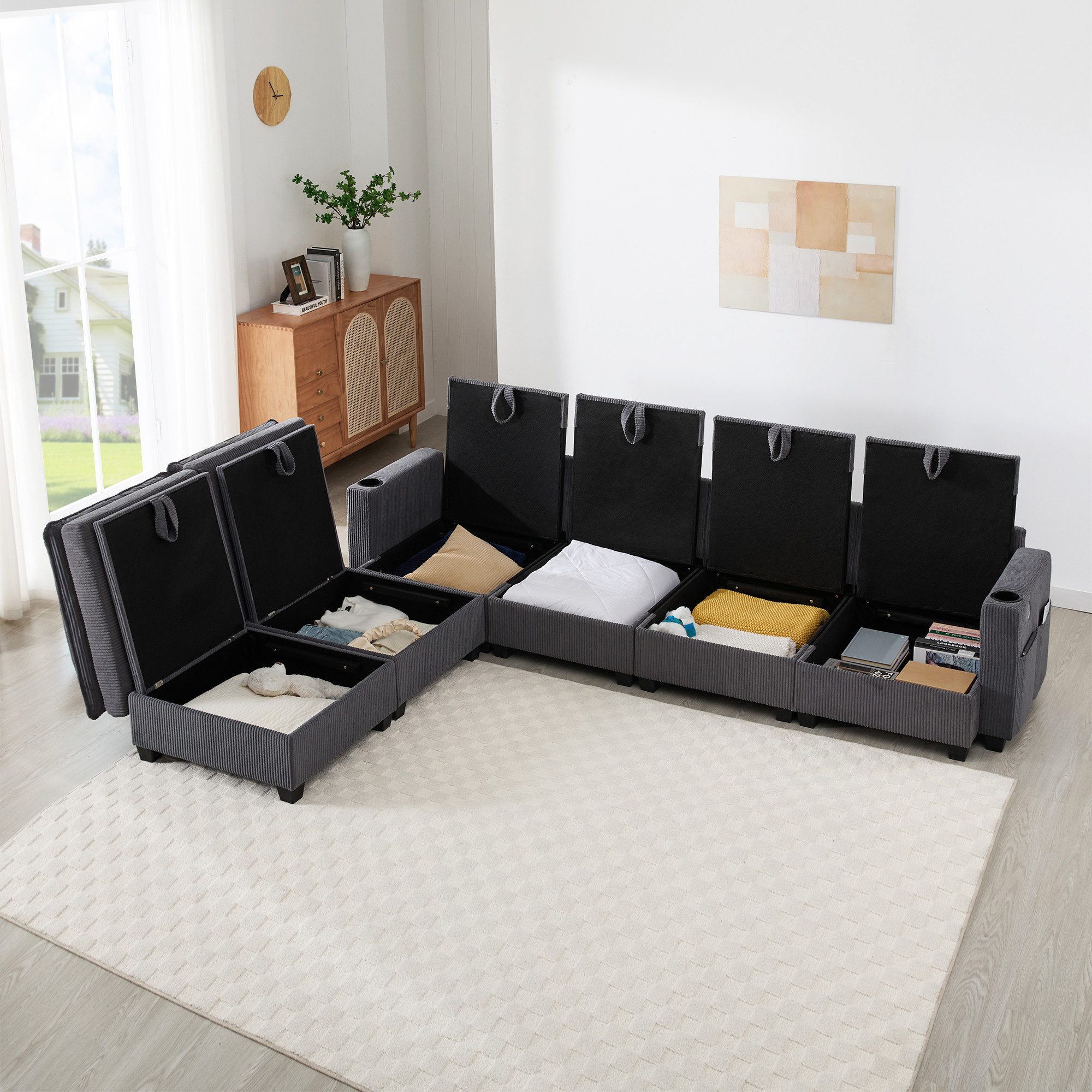 i@home Ecksofa 6-Sitzer-Sofa, L-förmiges Sofa, mit Abnehmbarem Hocker, USB-Anschlüssen und Getränkehaltern, grau/weiß